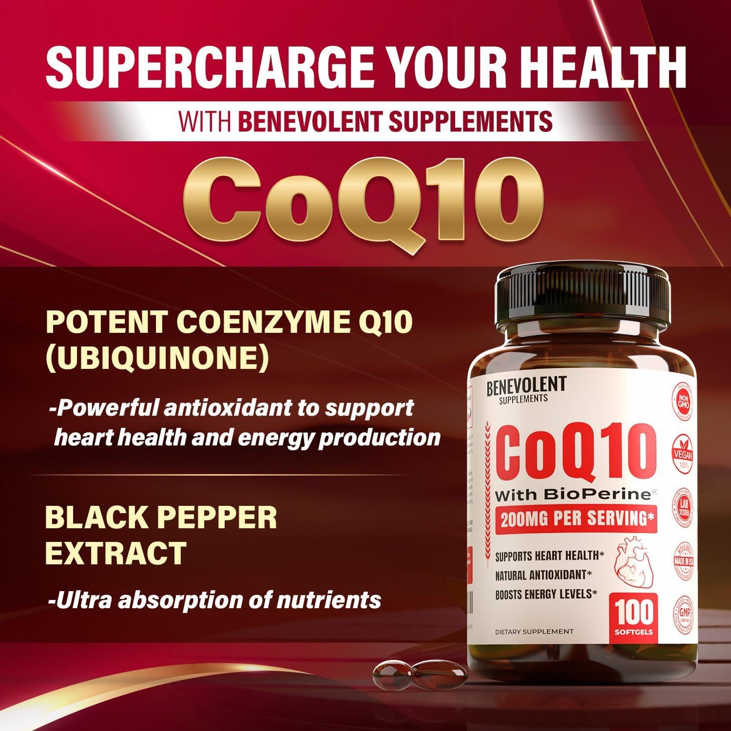 Suplemento CoQ10 200mg Benevolent en Softgels, 100 Unidades