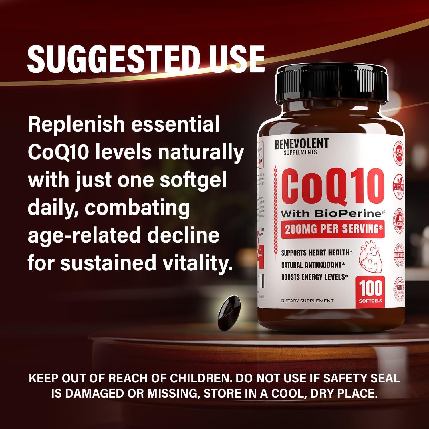 Suplemento CoQ10 200mg Benevolent en Softgels, 100 Unidades