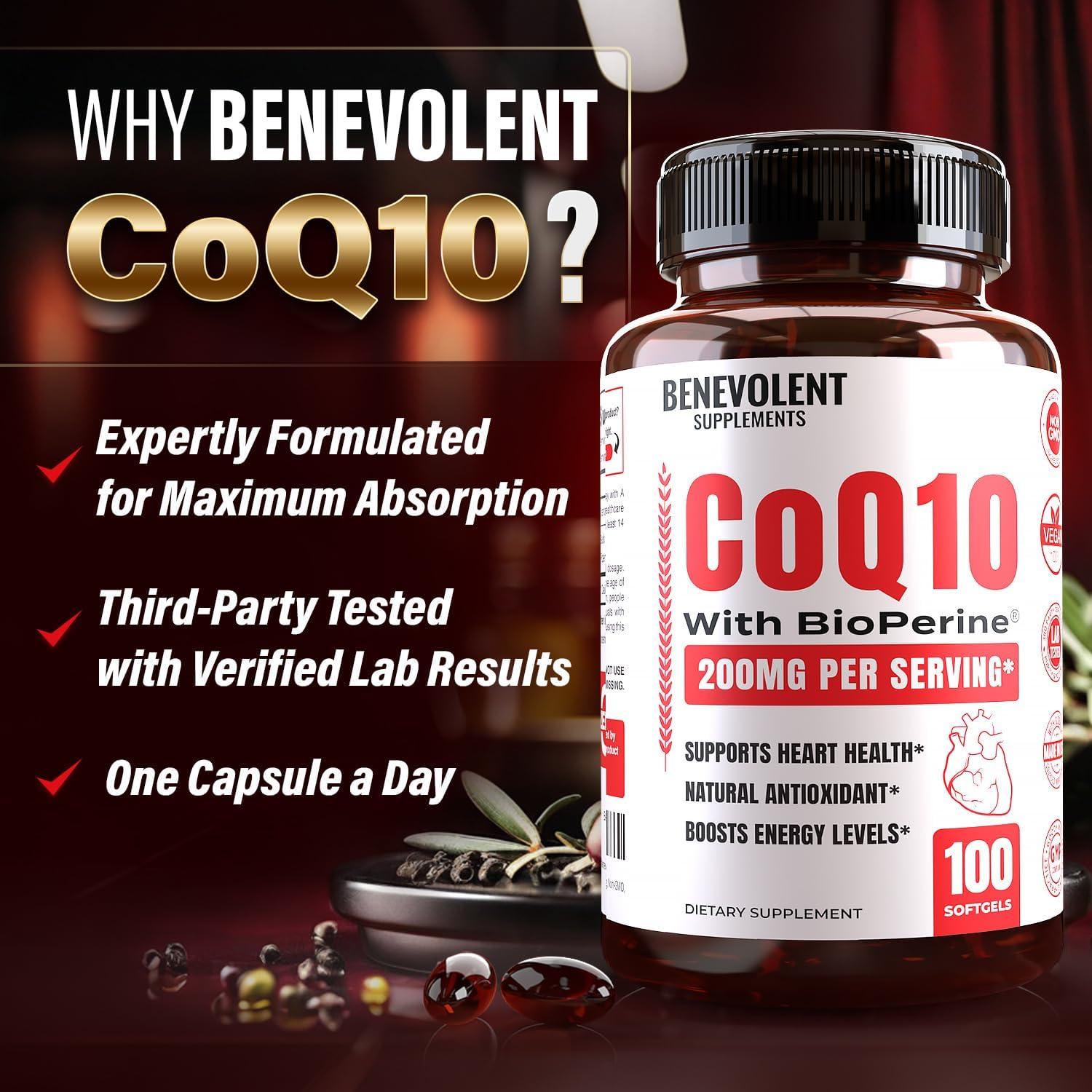 Suplemento CoQ10 200mg Benevolent en Softgels, 100 Unidades