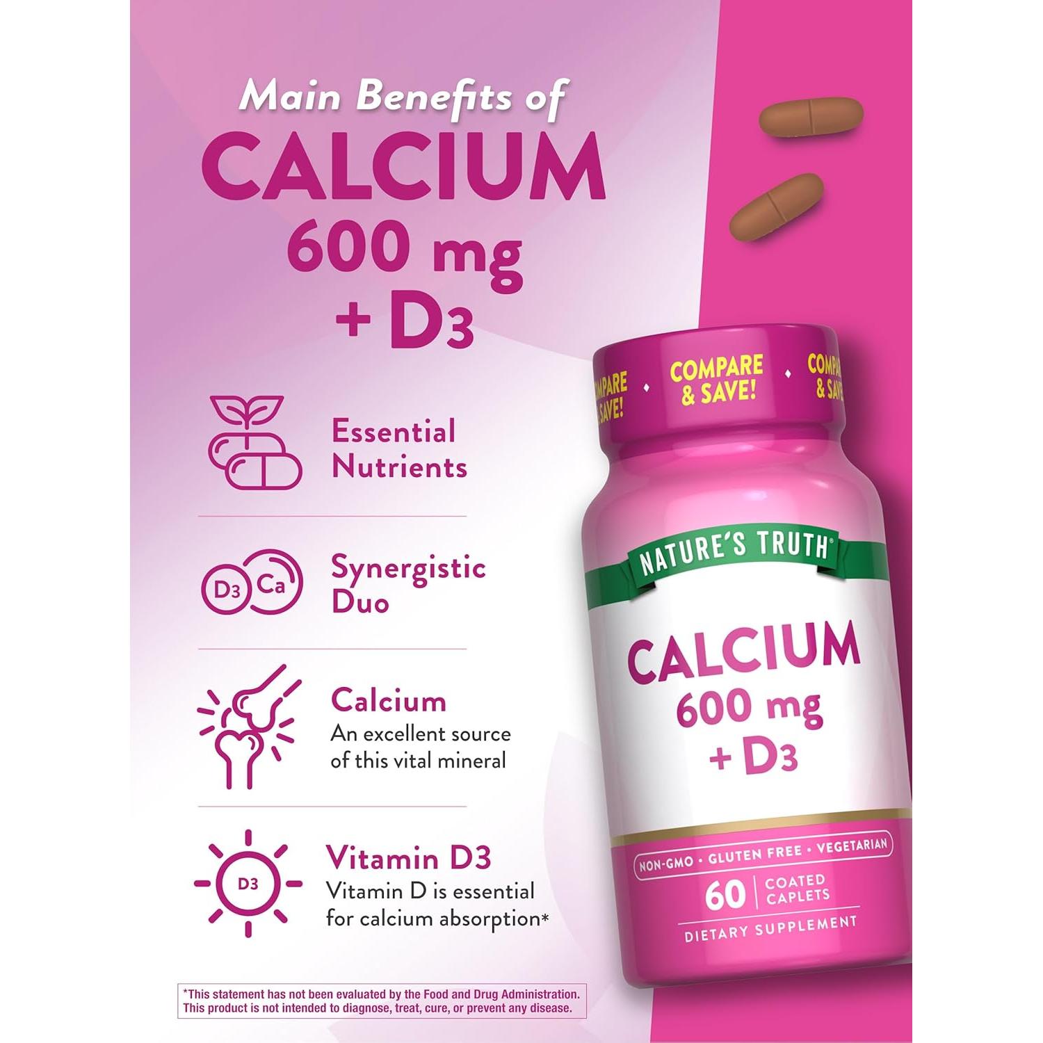 Calcio 600 mg con Vitamina D3 Verdad de la Naturaleza 60 Tabletas