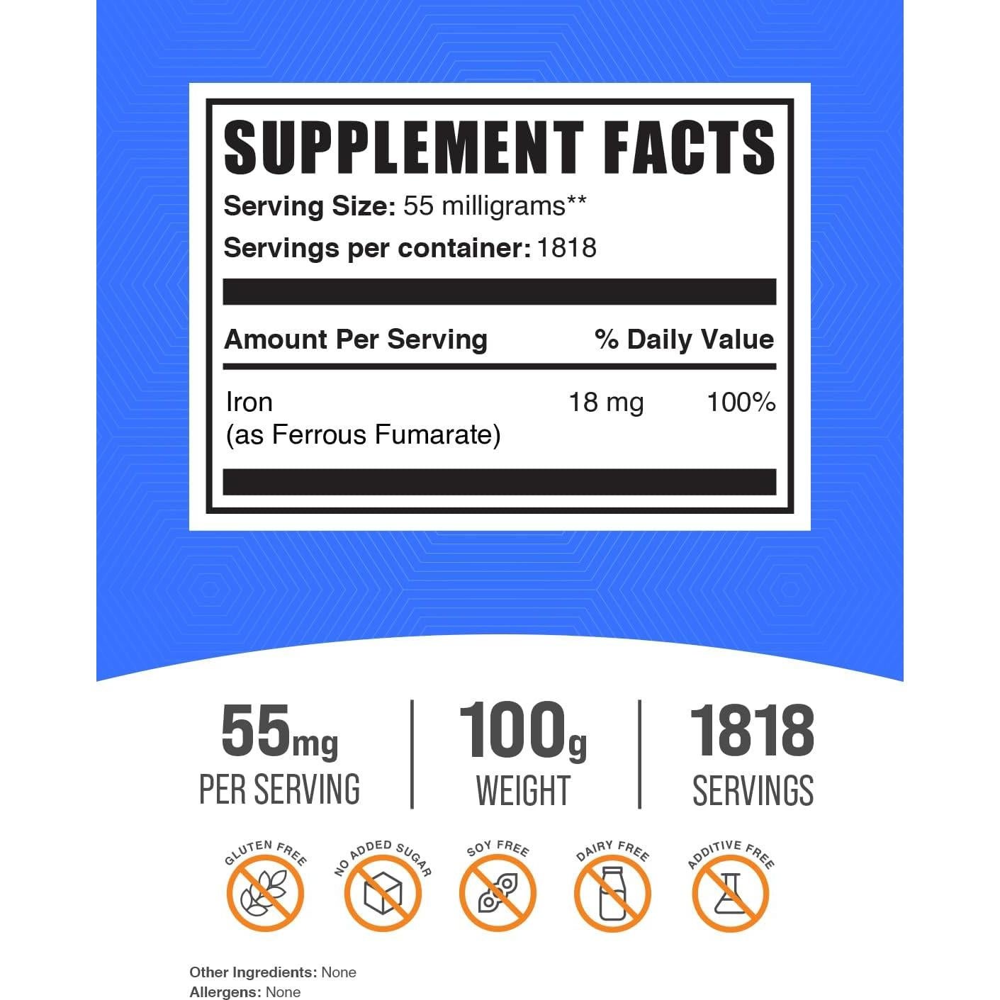 Polvo de Fumarato Ferroso BulkSupplements 100g - Suplemento de Hierro 18mg