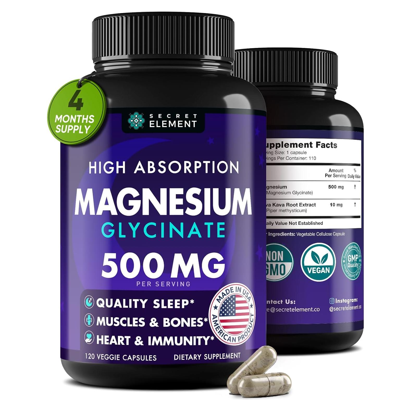 Cápsulas de Glicinato de Magnesio 500mg Elemento Secreto 120 Unidades