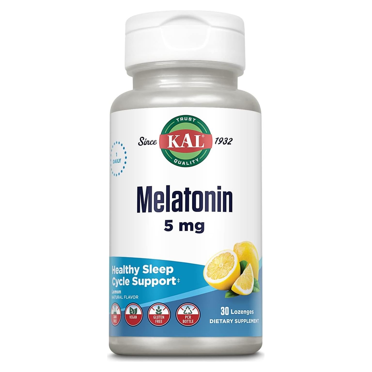 KAL Melatonina 5mg con Vitamina B6, 30 Pastillas Sabor Limón