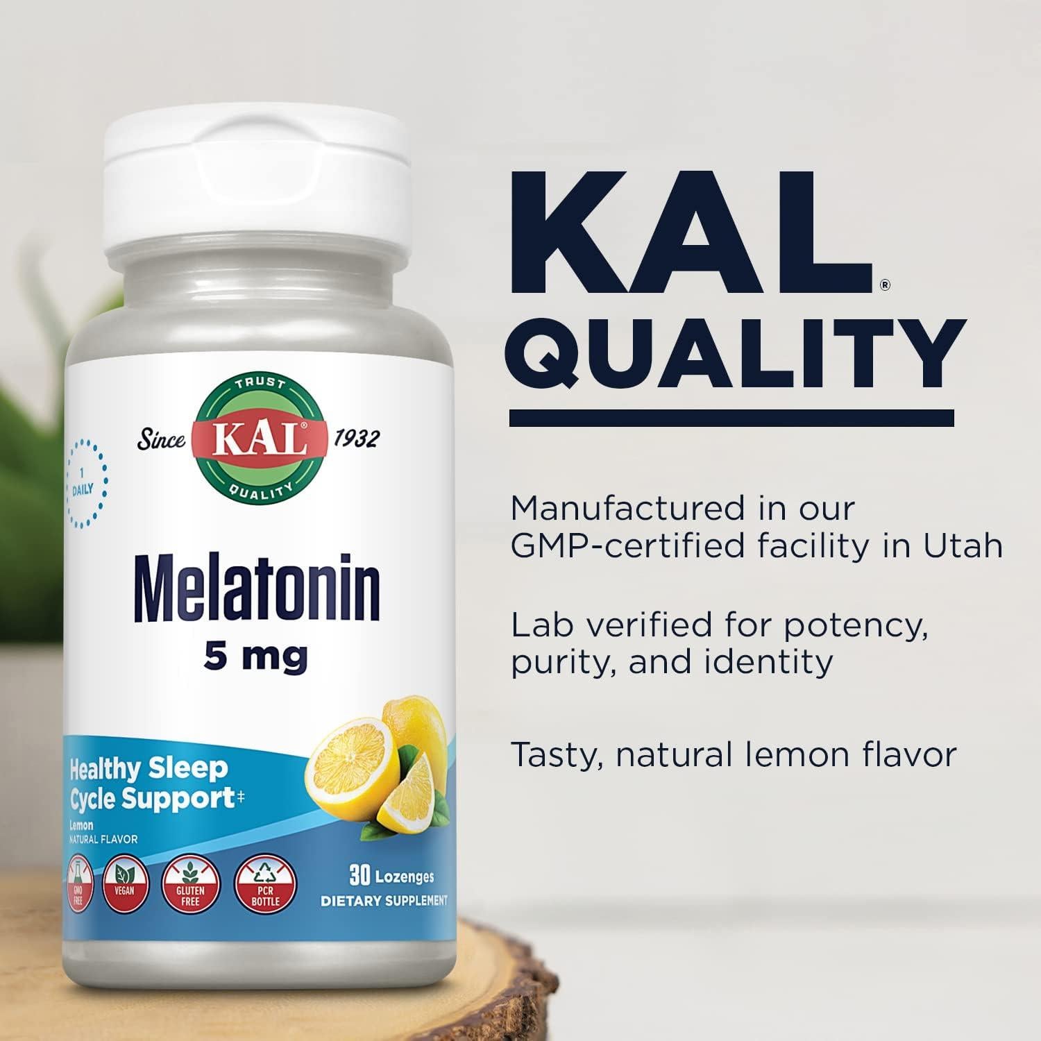 KAL Melatonina 5mg con Vitamina B6, 30 Pastillas Sabor Limón