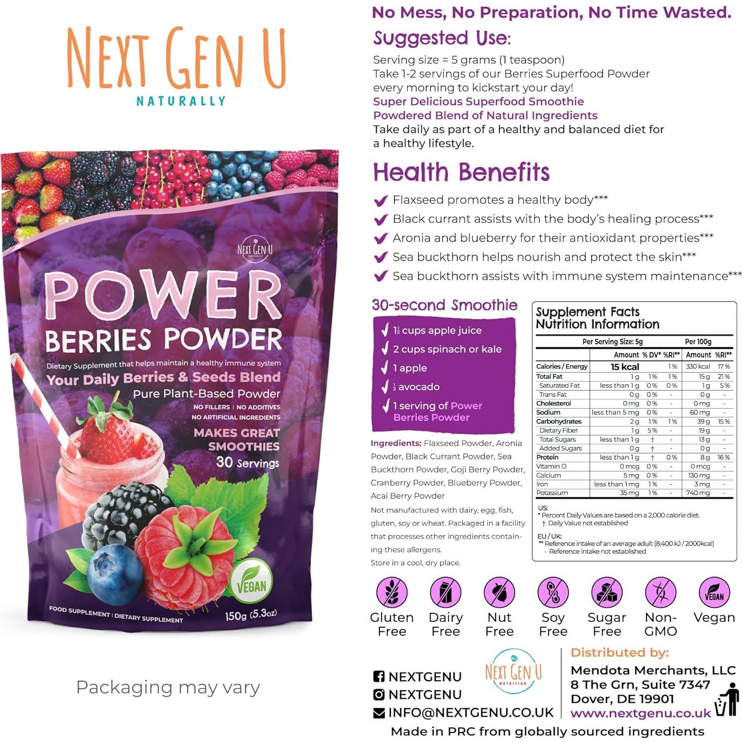 Polvo de Super Berries NextGenU 150g - Suplemento Vegano Antioxidante