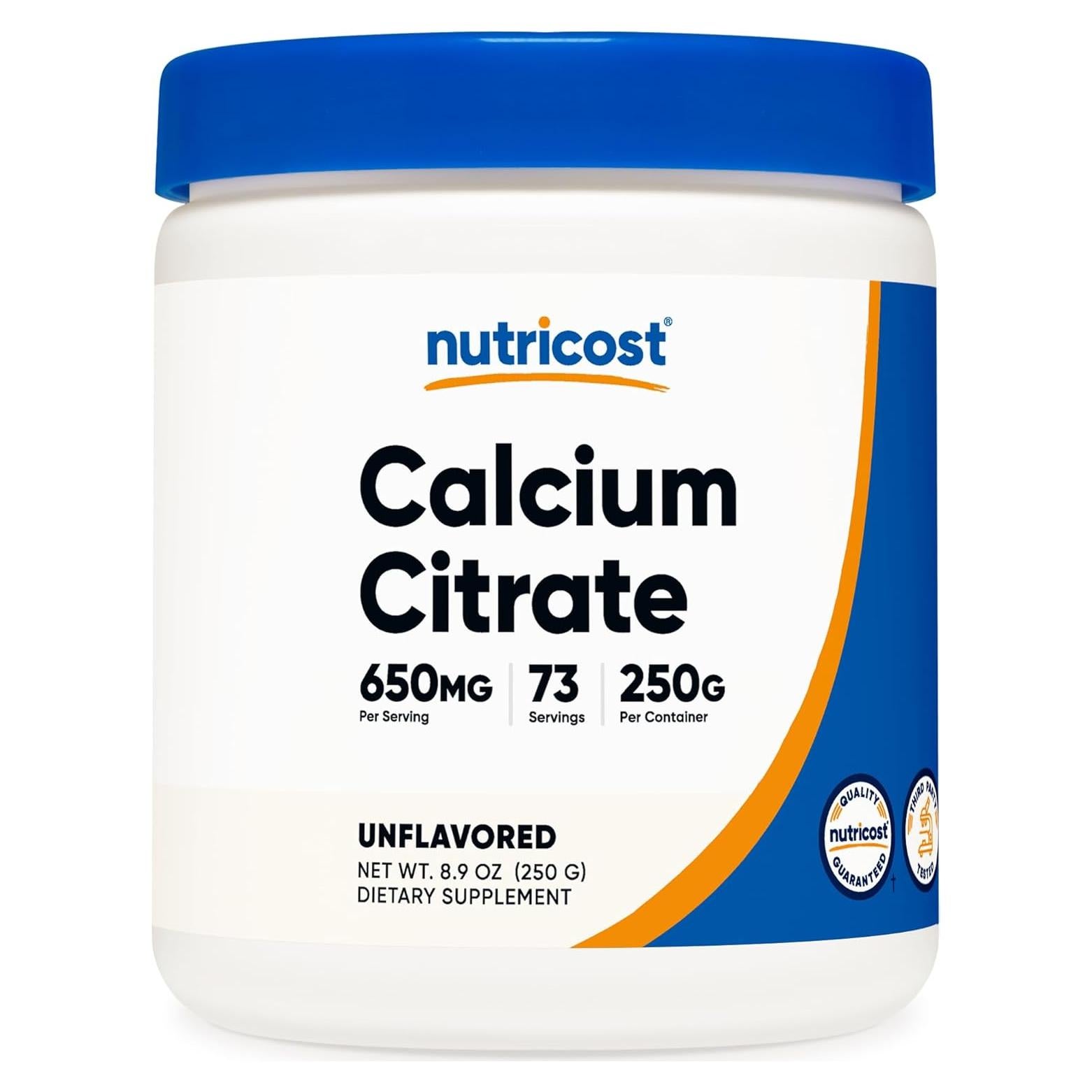 Polvo de Citrato de Calcio Nutricost 250g Sin Sabor 650mg