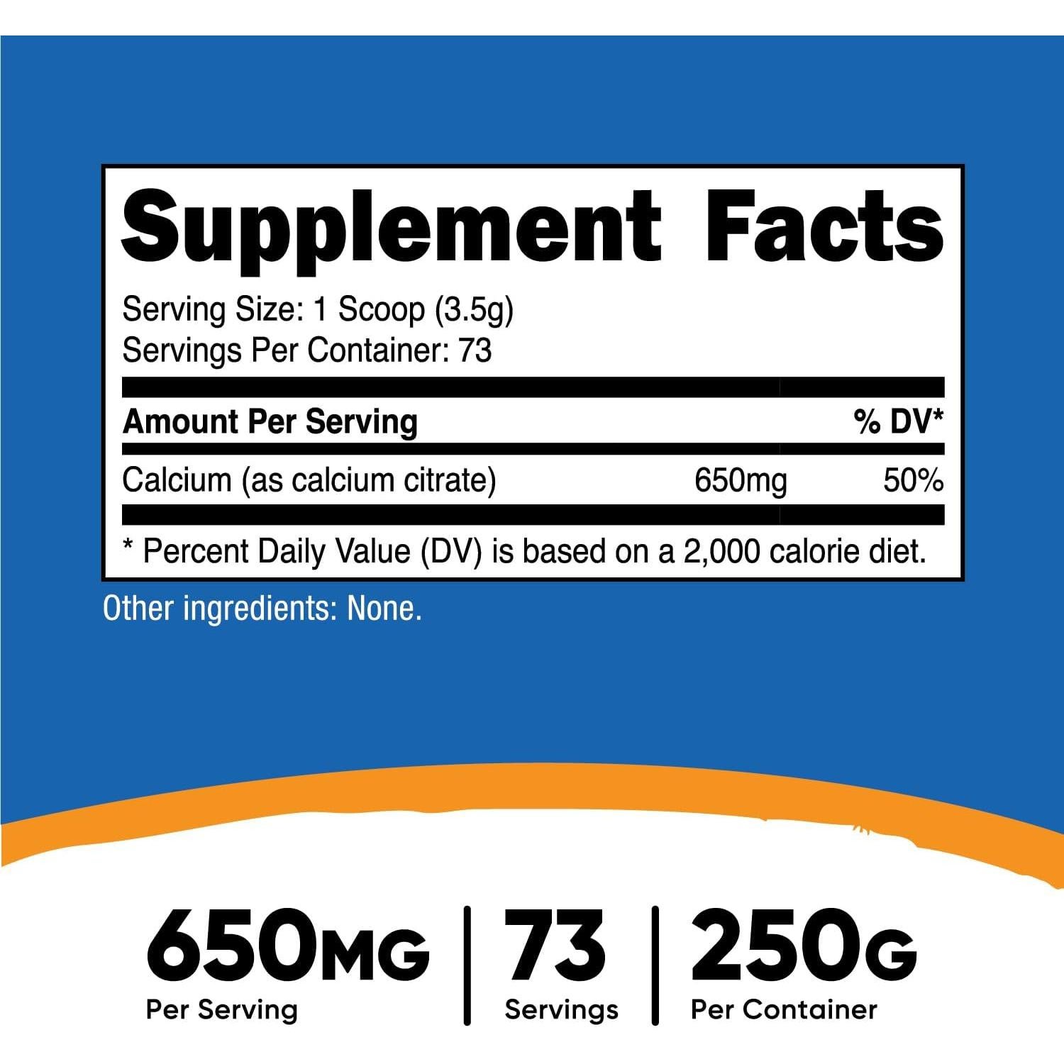 Polvo de Citrato de Calcio Nutricost 250g Sin Sabor 650mg