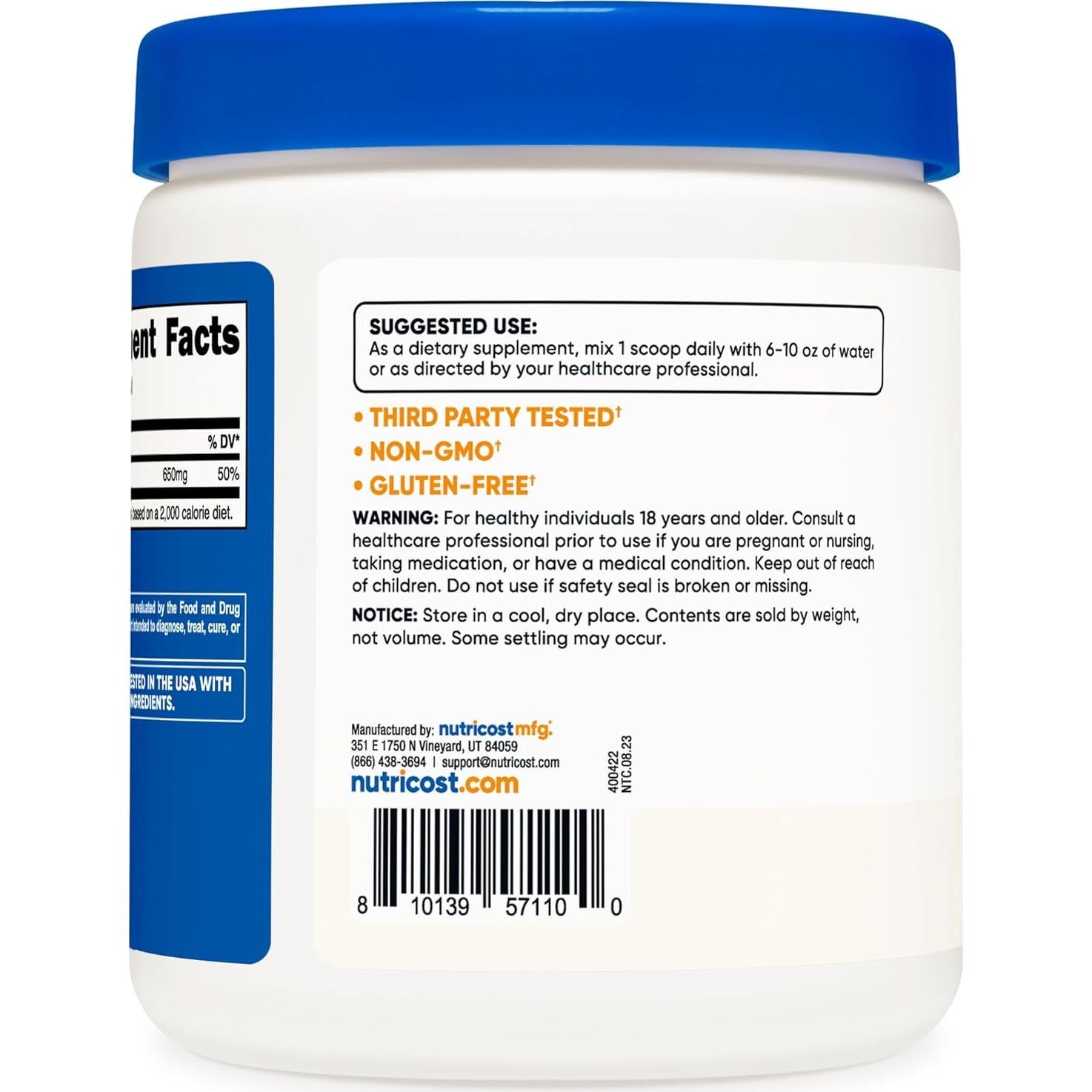 Polvo de Citrato de Calcio Nutricost 250g Sin Sabor 650mg