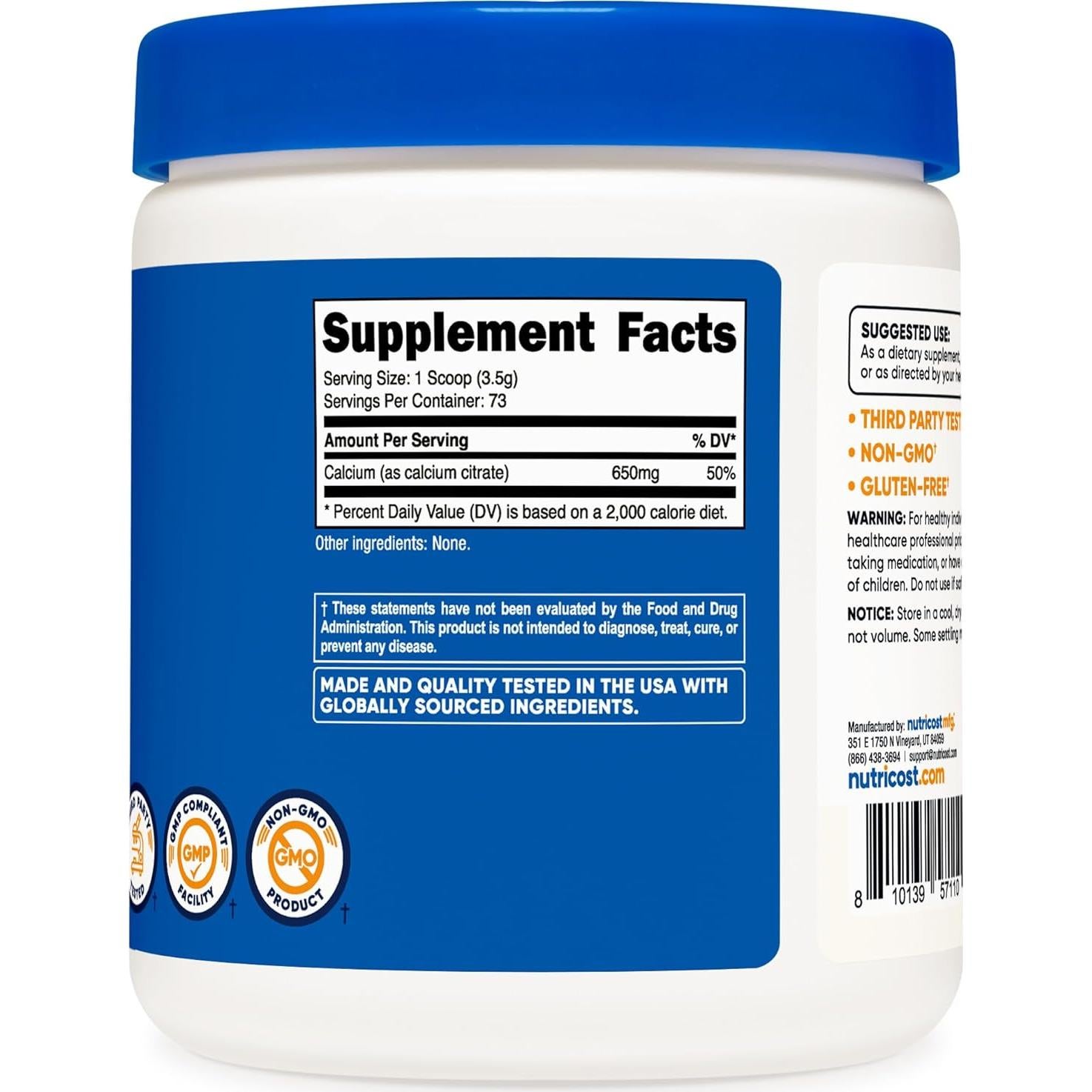 Polvo de Citrato de Calcio Nutricost 250g Sin Sabor 650mg