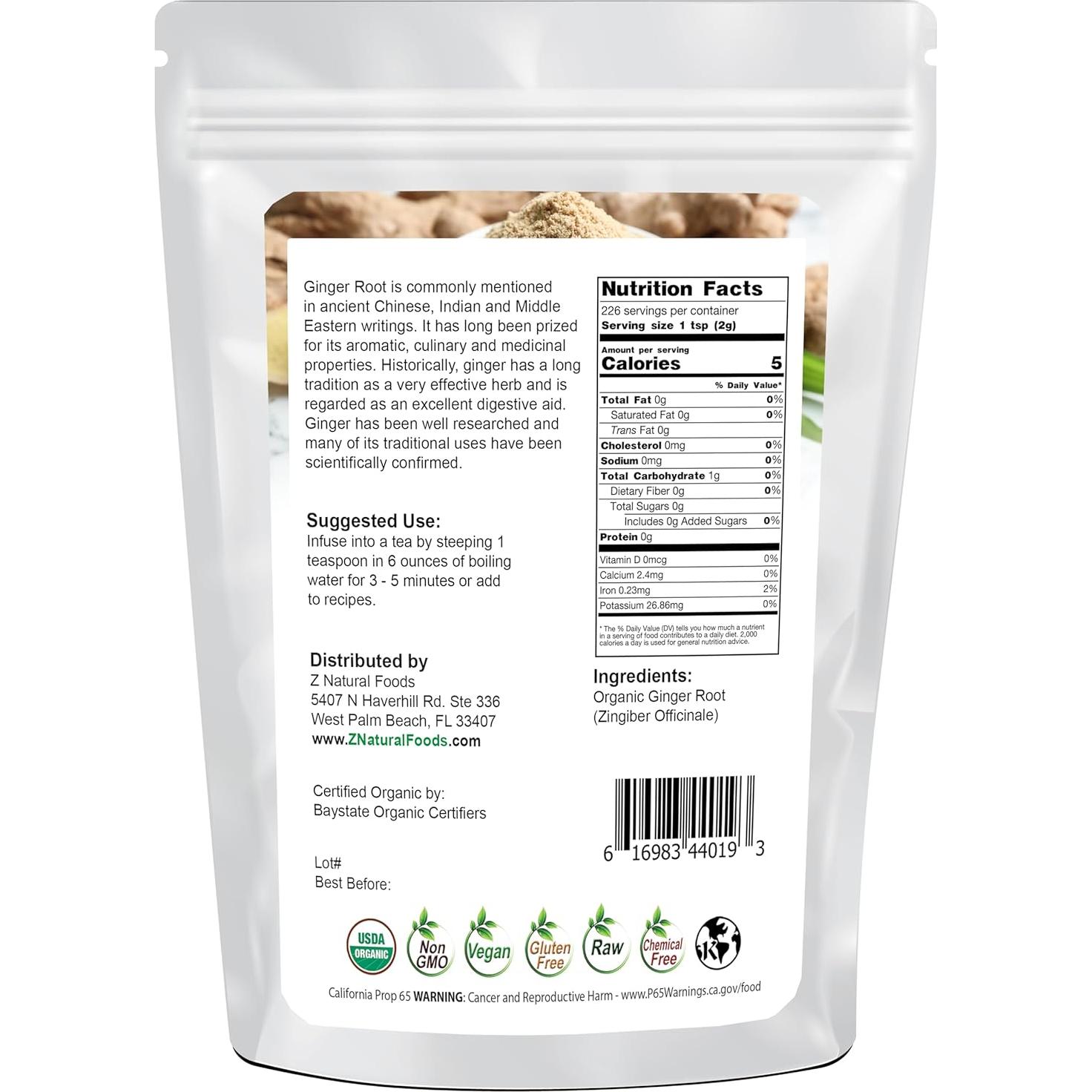 Z Natural Foods Organic Ginger Root Powder - Great for Tea, Juice, Smoothie, Cooking or Baking Recipes - Ground Superfood Spice Supplement - Raw, Non GMO, Gluten Free, Vegan, Kosher - 1 lb