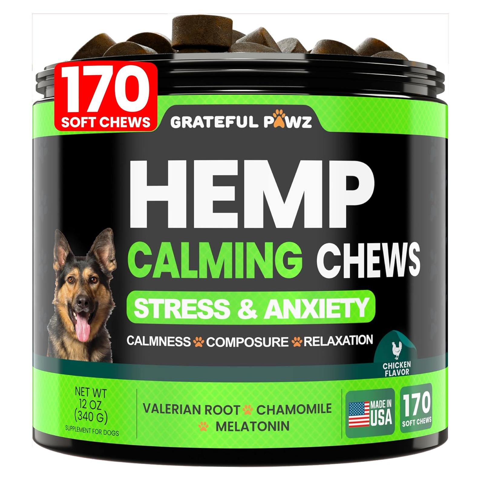 Golosinas Calmantes para Perros Grateful Pawz - 170 Chews de Cáñamo