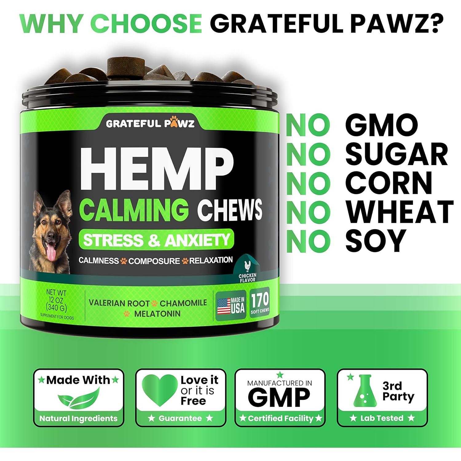 Golosinas Calmantes para Perros Grateful Pawz - 170 Chews de Cáñamo