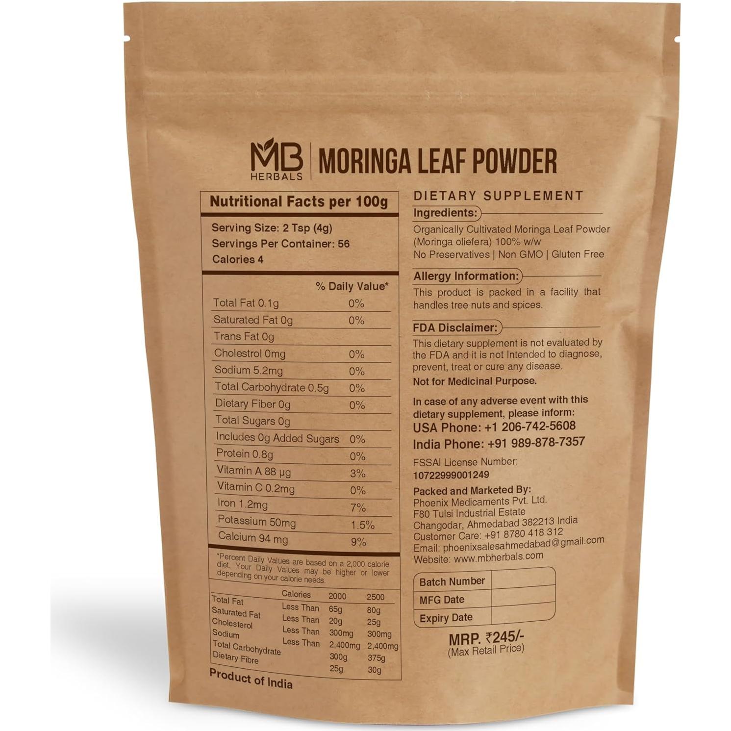 Polvo de Hoja de Moringa MB Herbals 227g - 100% Natural