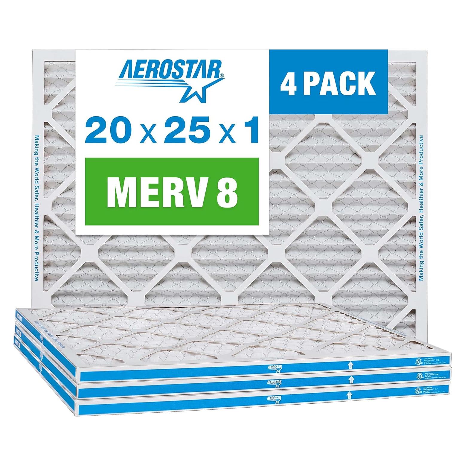 Filtros de Aire Plisados Aerostar 20x25x1 MERV 8 - Paquete de 4