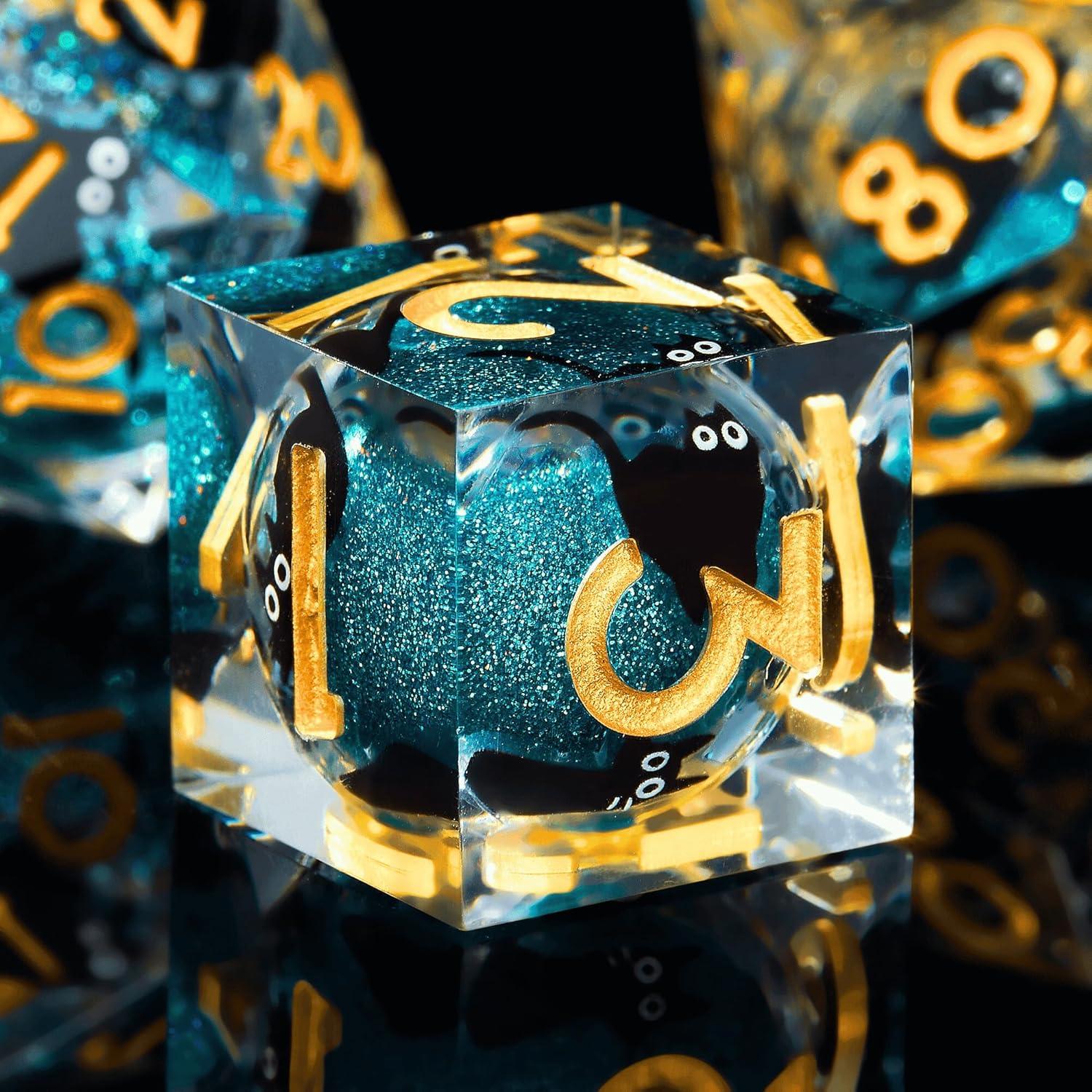 Juego de Dados Liquid Core Cat DND 7Pcs - Resina Azul