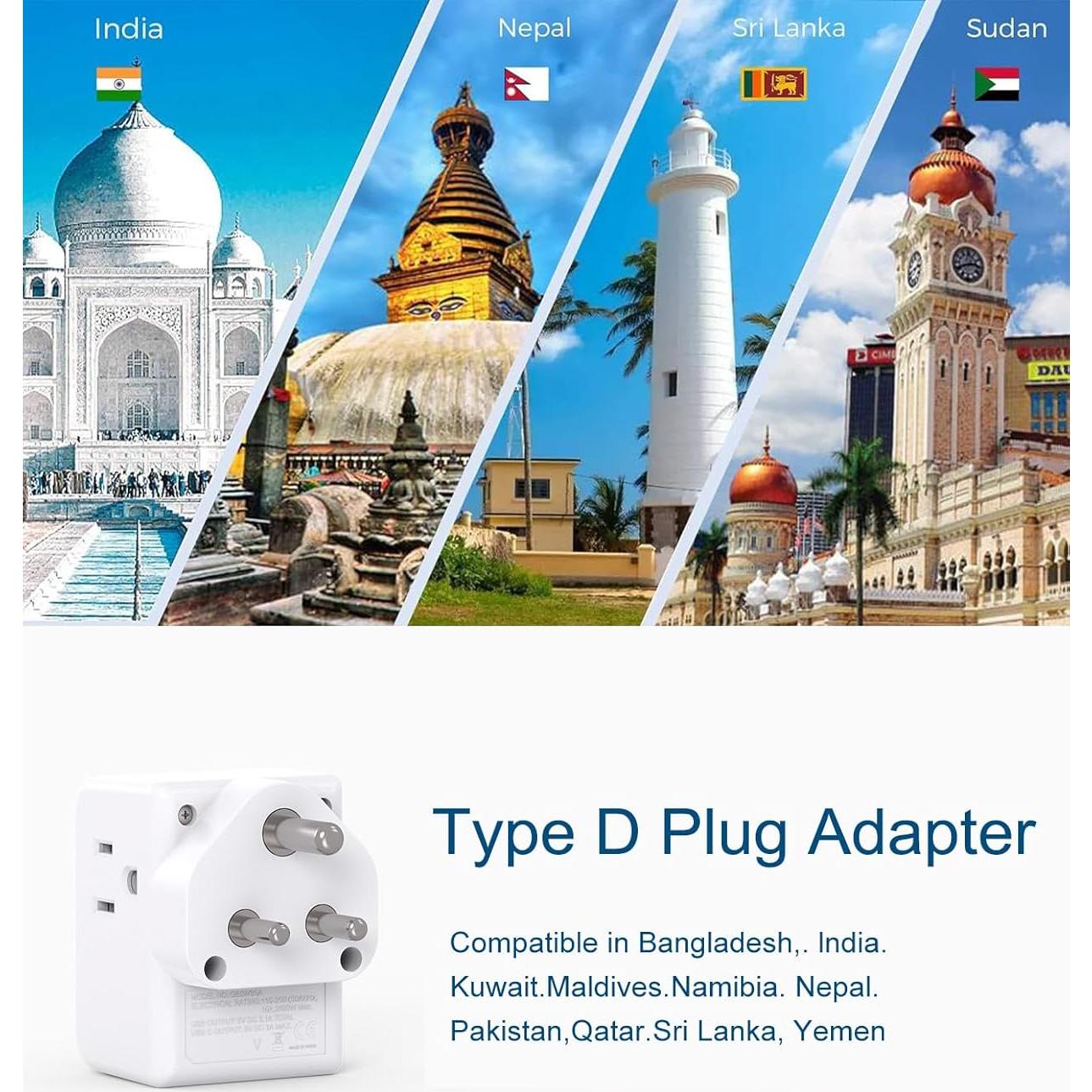 Adaptador de corriente tipo D One Beat 6 en 1 USB para India