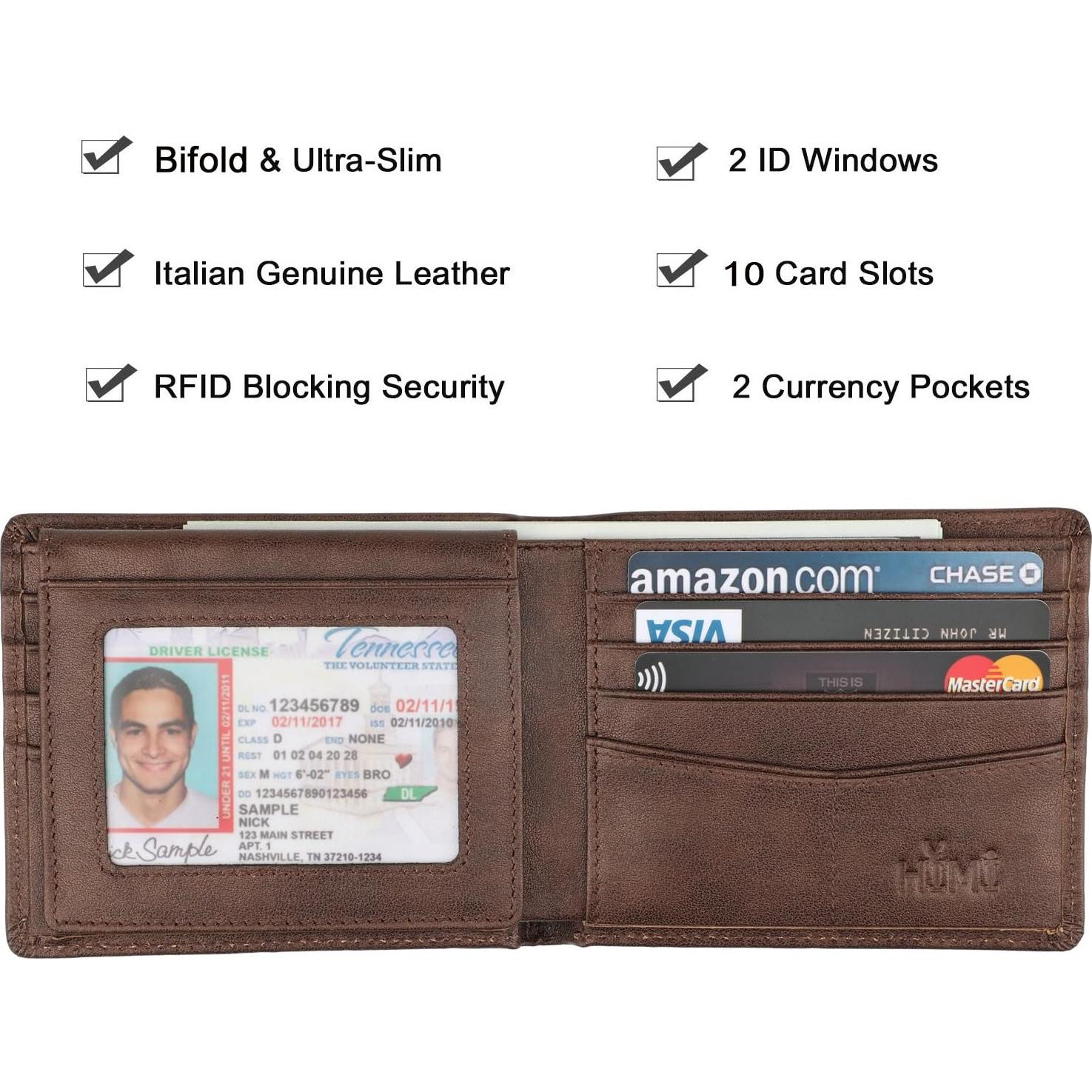 Billetera Bifold de Cuero Genuino para Hombres con Bloqueo RFID