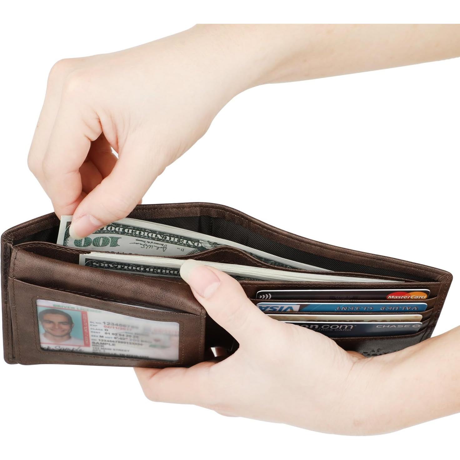 Billetera Bifold de Cuero Genuino para Hombres con Bloqueo RFID