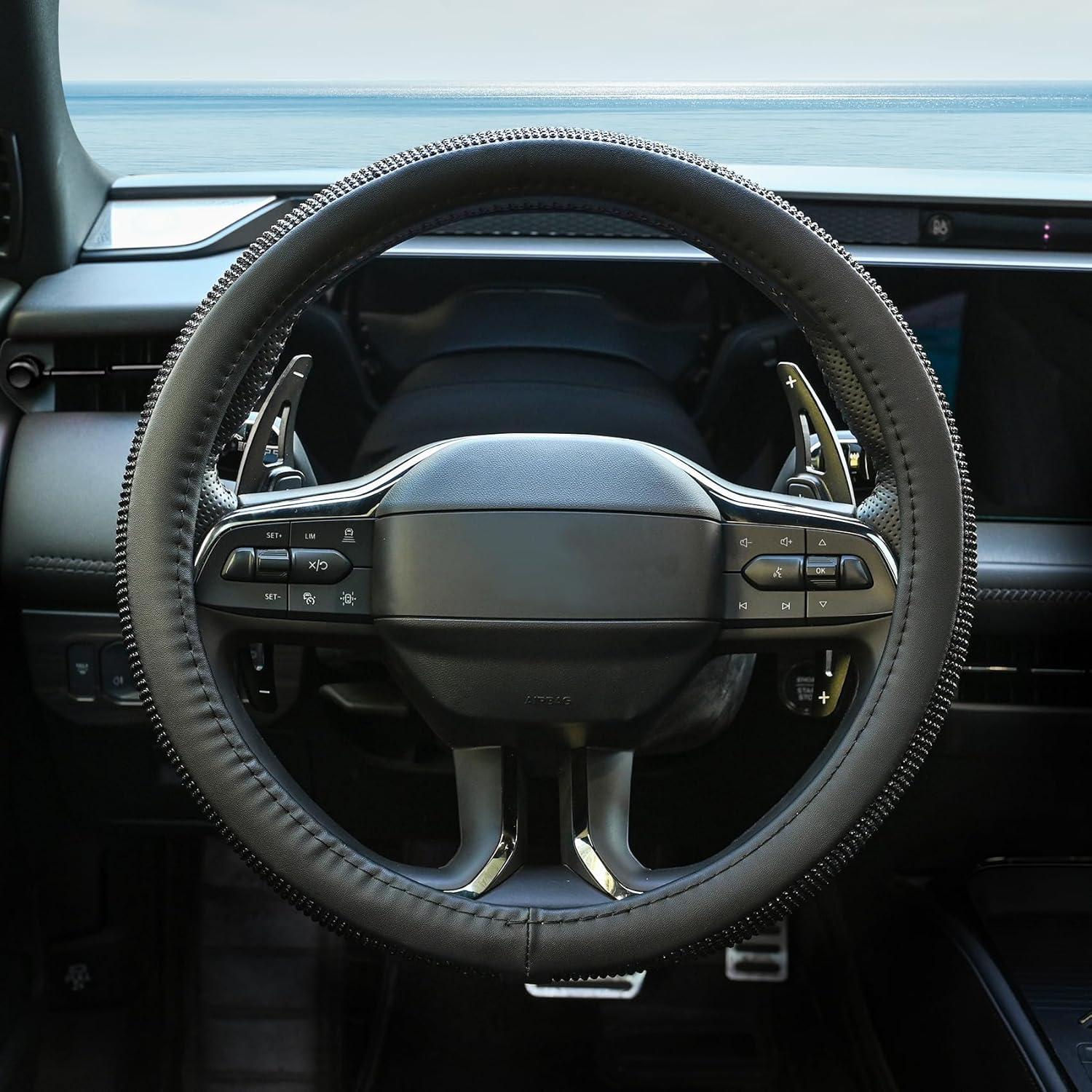 Cubierta de Volante de Cuero PU ChuLian 15" Brillante Diamante Negro