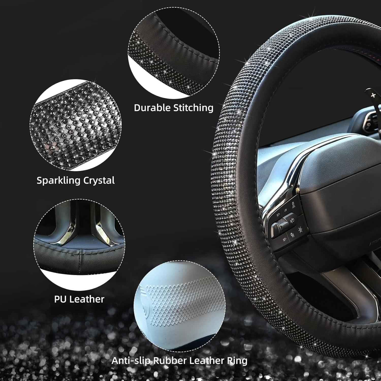 Cubierta de Volante de Cuero PU ChuLian 15" Brillante Diamante Negro