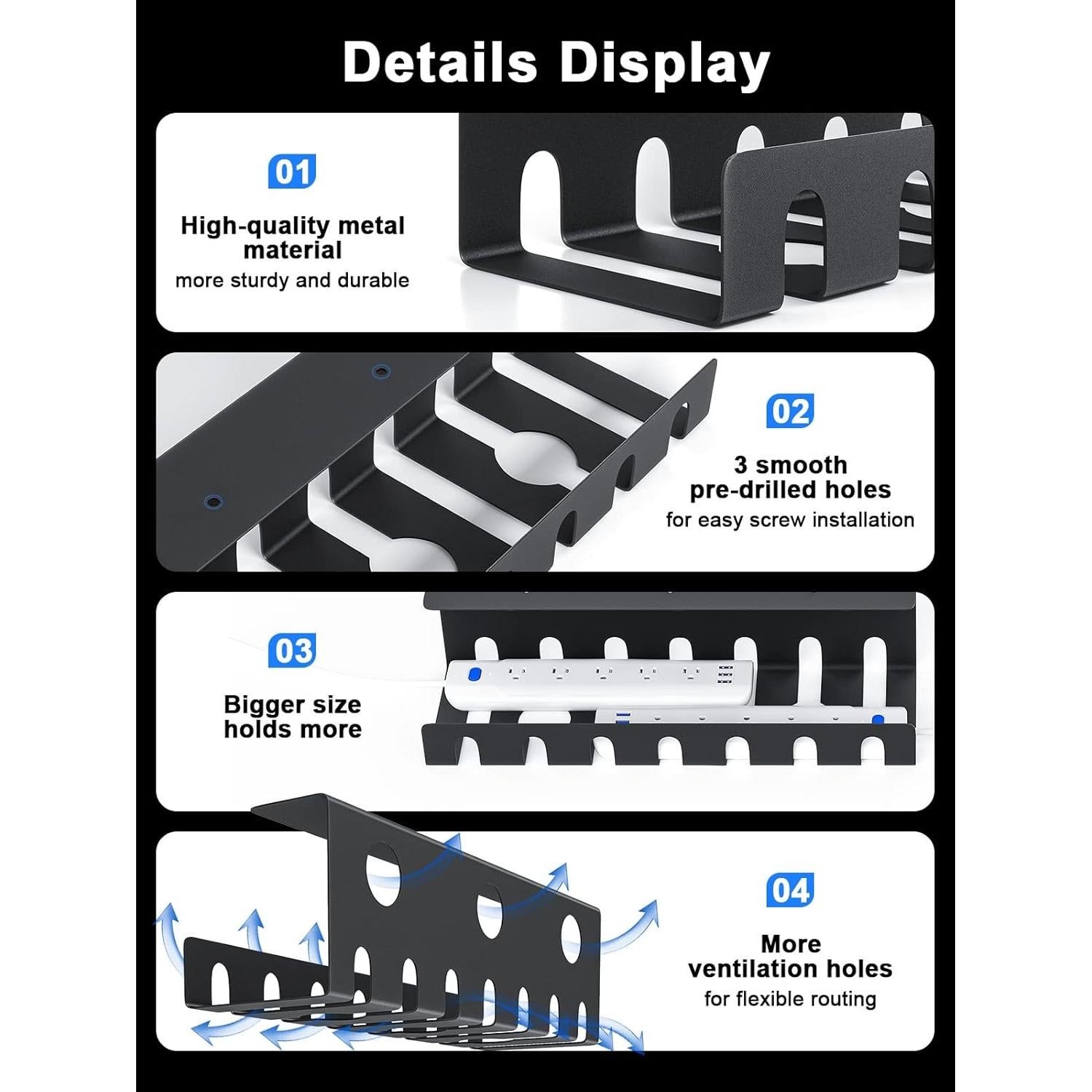 Delamu Bandeja de Gestión de Cables Metal Negro 40 cm