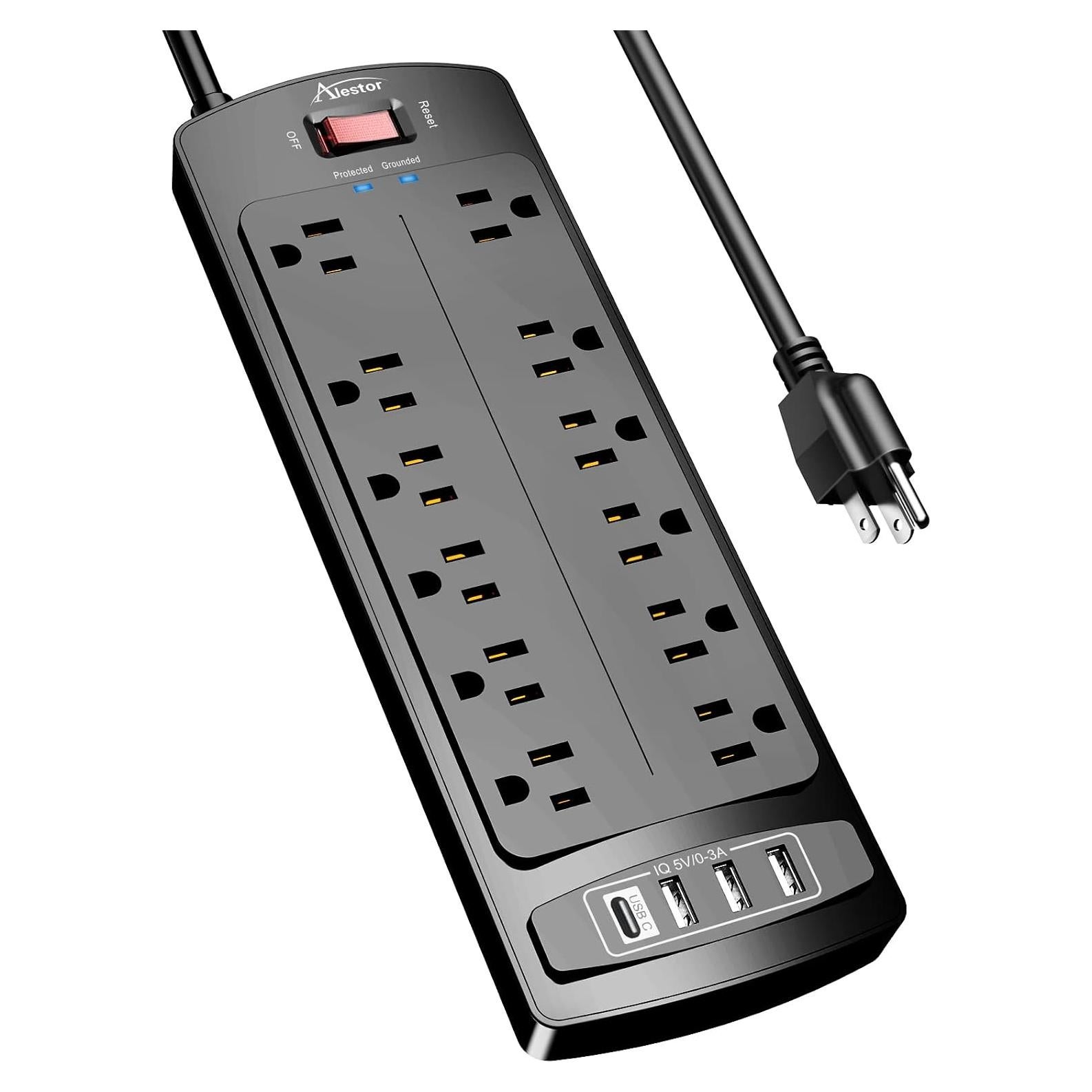 Regleta de Poder Alestor 12 Salidas AC y 4 USB 6 Pies
