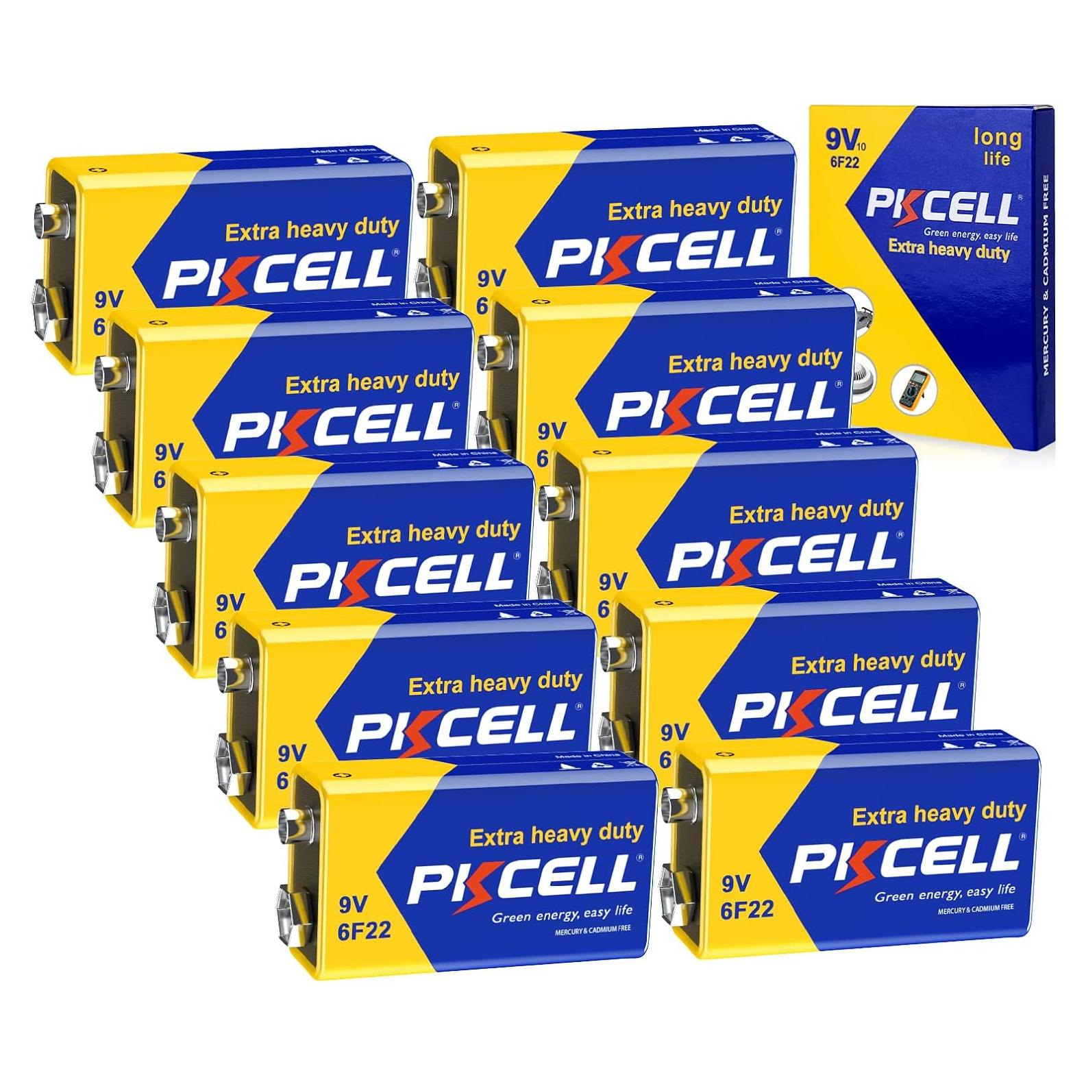 Batería 9V PKCELL 6F22 Carbono Zinc Ultra Duradera - Paquete de 10