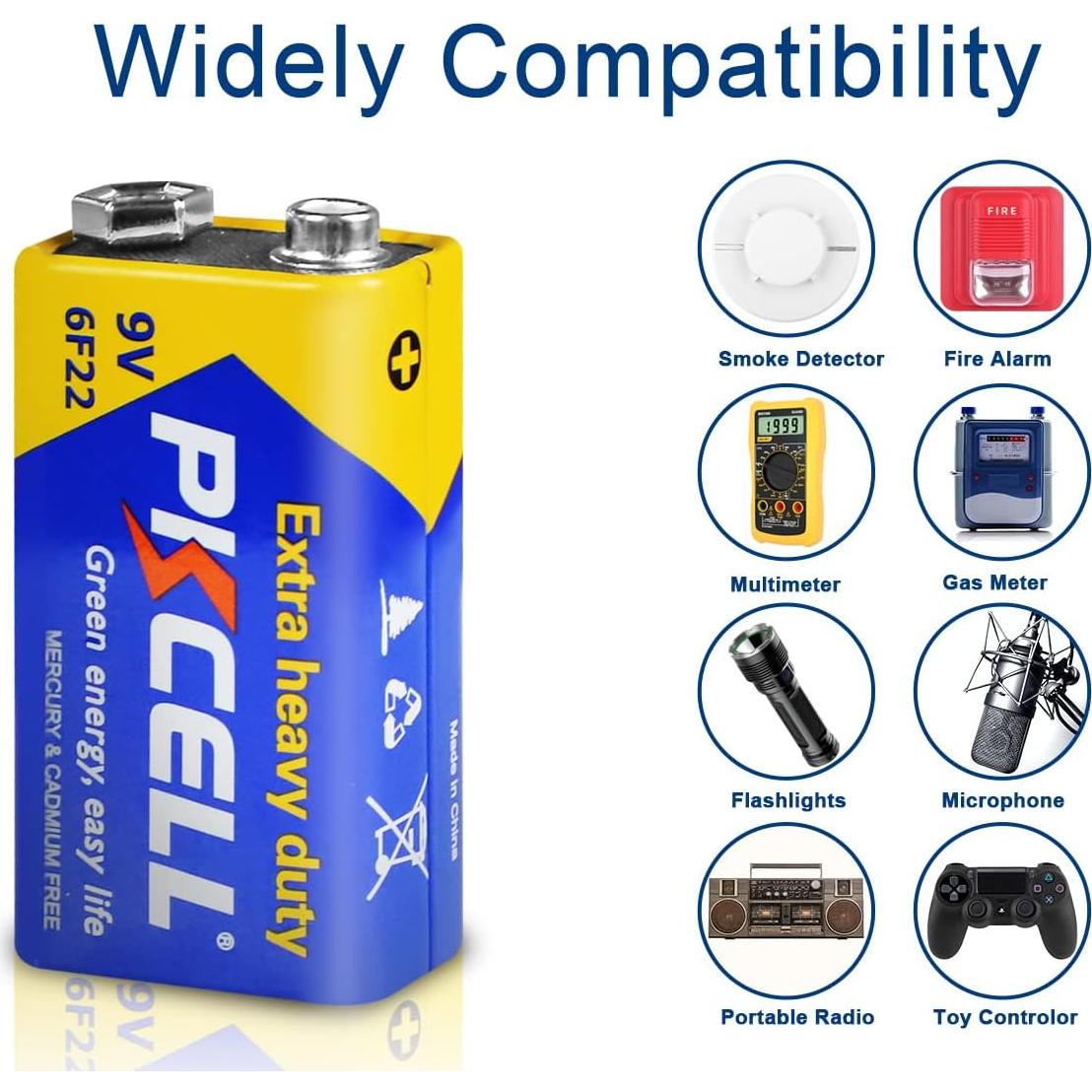 Batería 9V PKCELL 6F22 Carbono Zinc Ultra Duradera - Paquete de 10