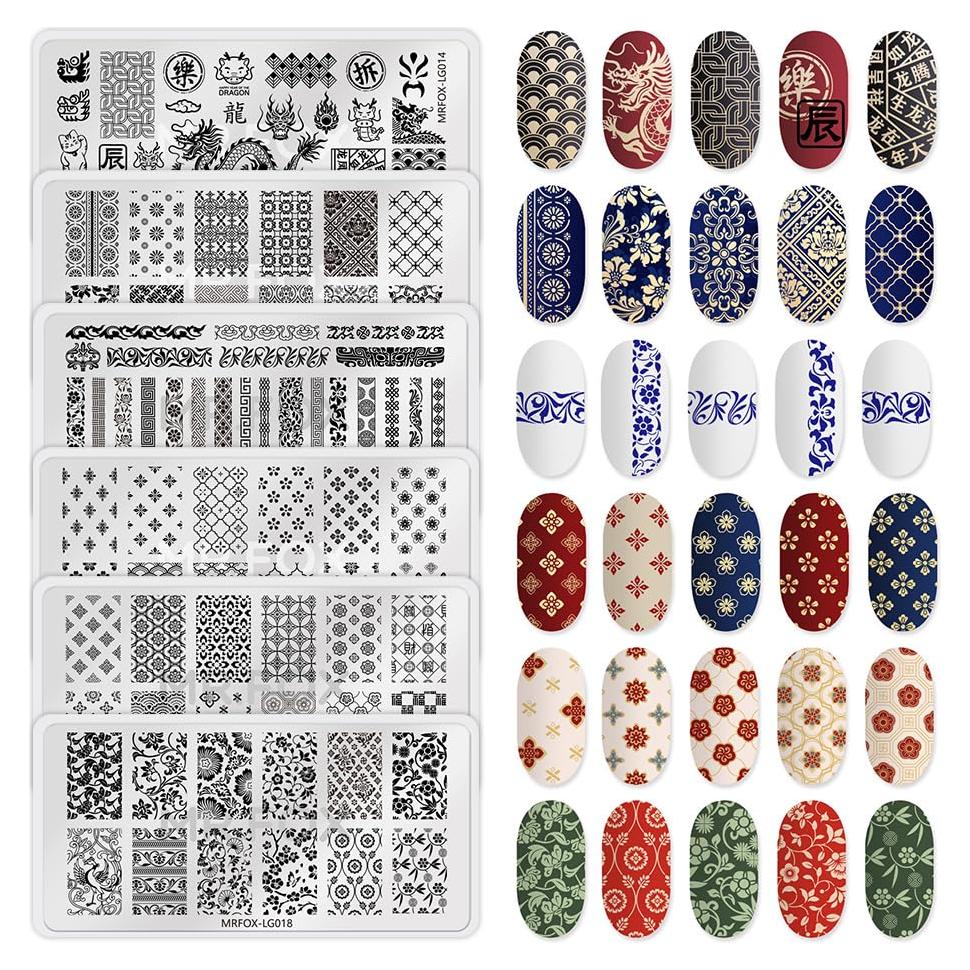 Juego de 6 Placas de Uñas Estampadas Dragón Chino 12x6cm