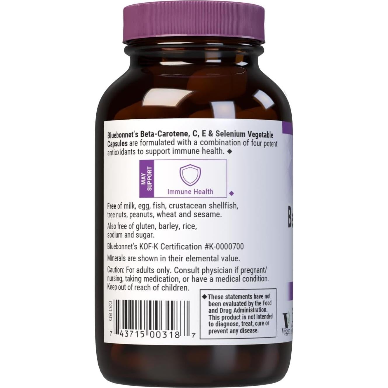 Cápsulas Vegetales BlueBonnet Beta Caroteno C E Selenio 60 Uds