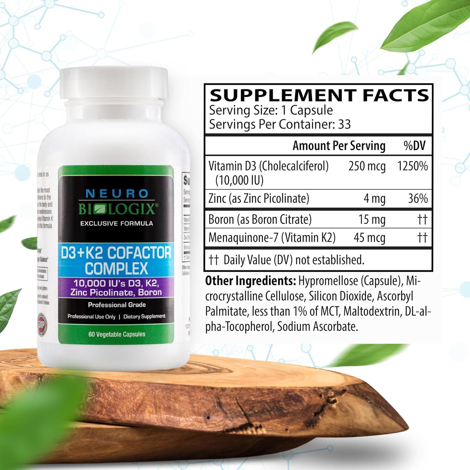 Complejo Cofactor D3+K2 Neurobiologix 60 Cápsulas - Vitamina D3, K2, Zinc