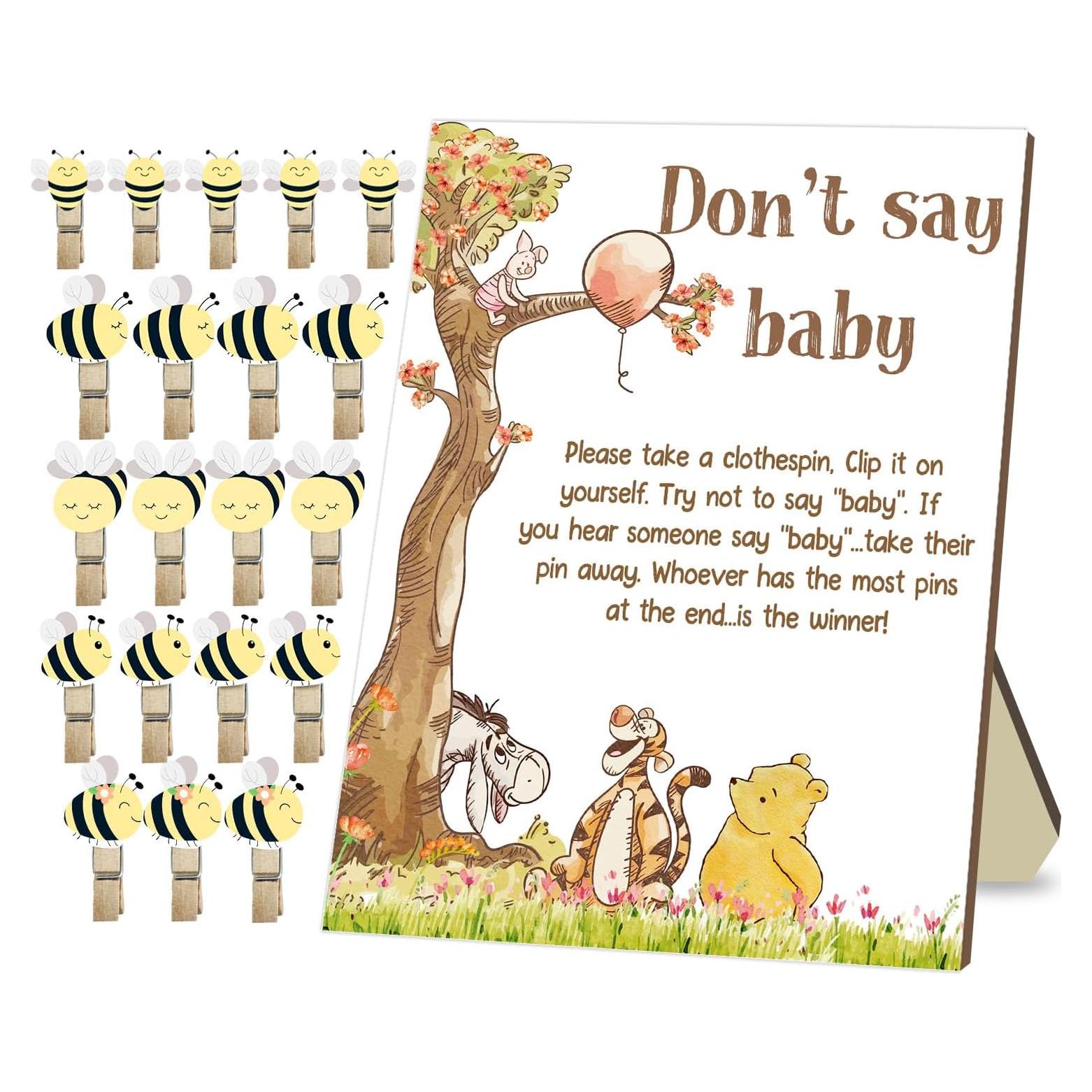 Juego de Baby Shower Winnie No Digas + 20 Pinzas Abeja