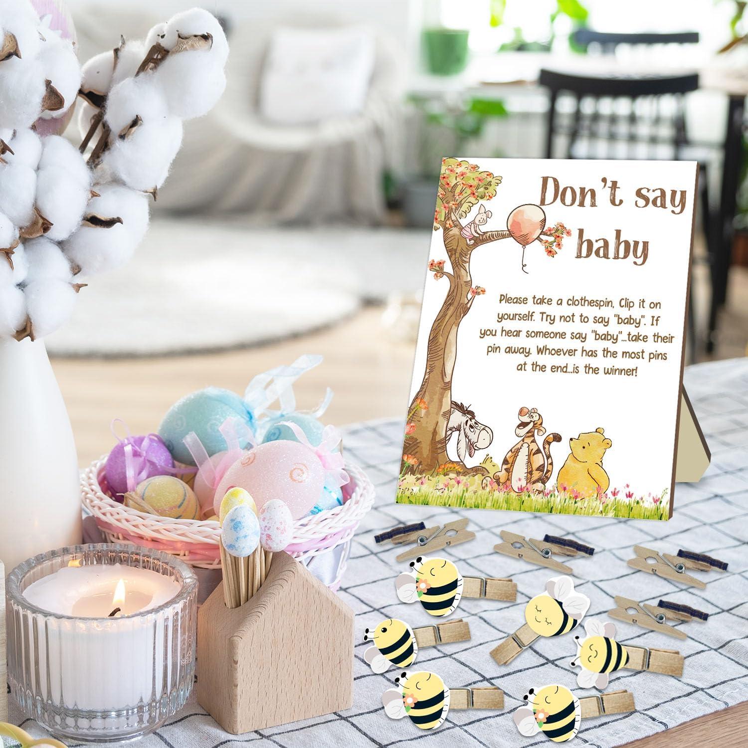 Juego de Baby Shower Winnie No Digas + 20 Pinzas Abeja