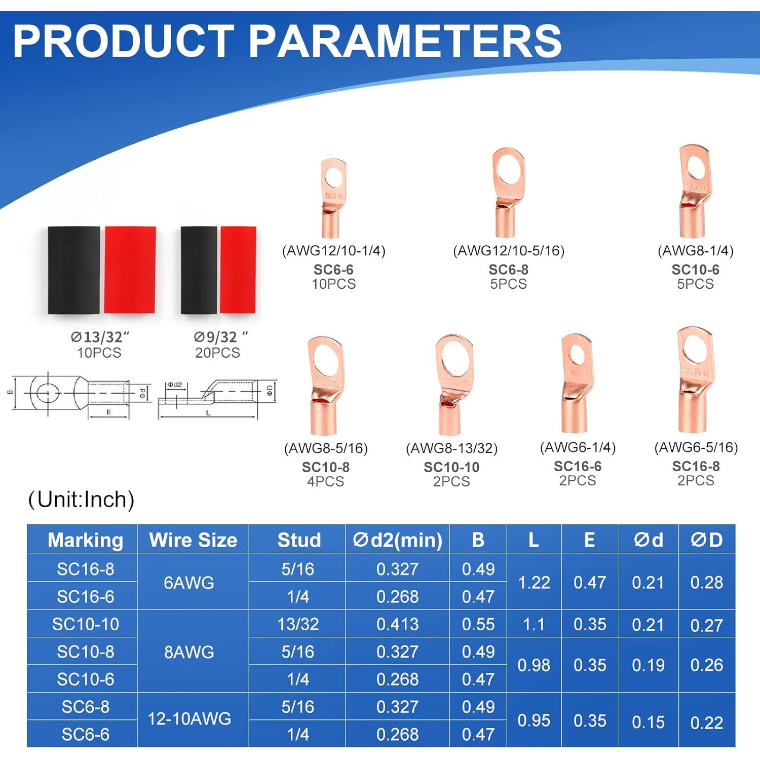 60Pcs Terminales de Cable de Cobre SQQHXX con Termocontracción