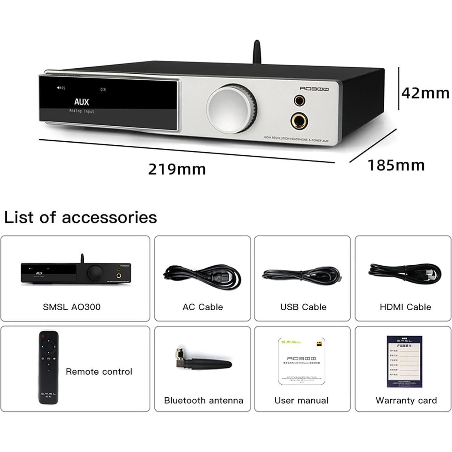 Amplificador de Potencia SMSL AO300 2.1CH 165W DAC USB HDMI