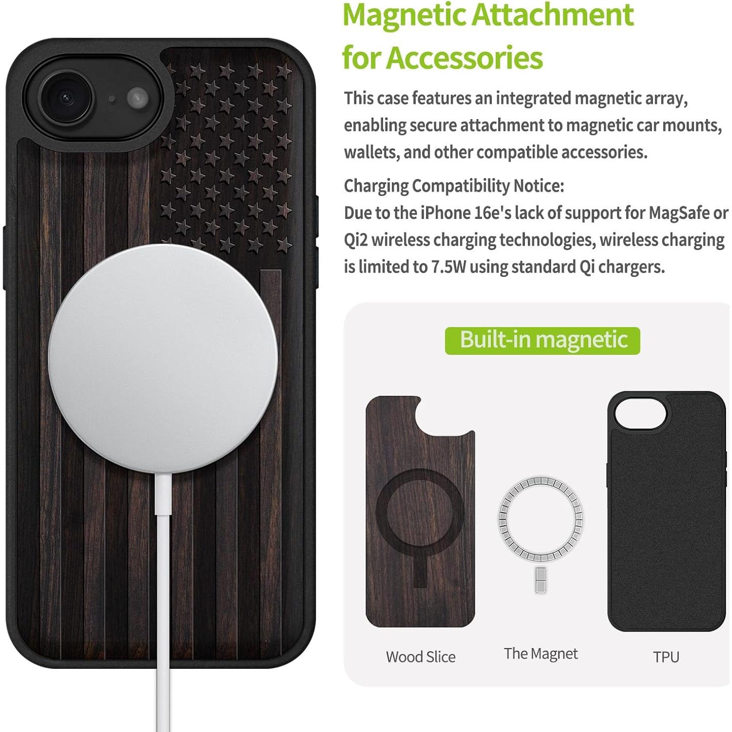 Funda de Madera Magnética Carveit para iPhone 16e 2025 - Bandera Americana