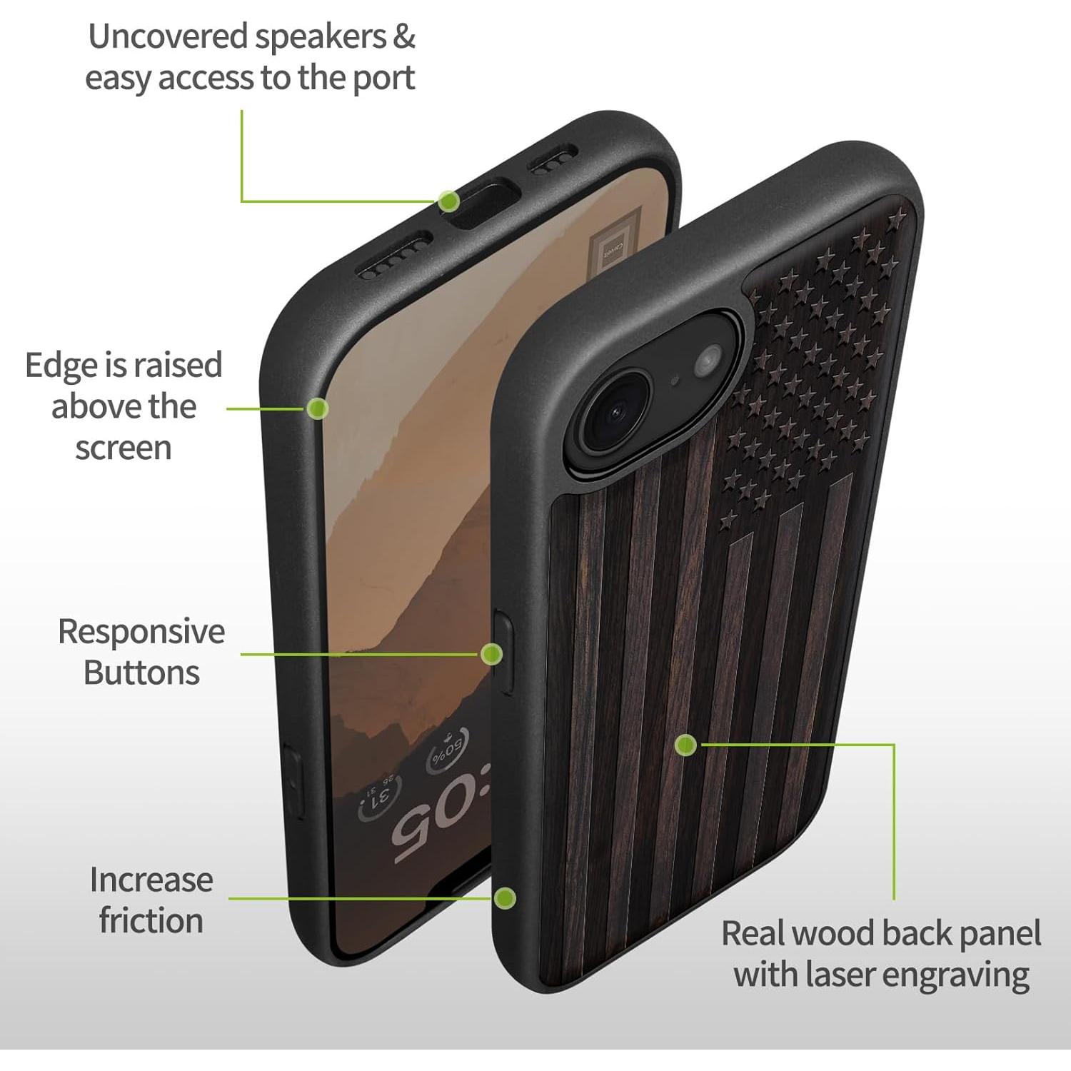 Funda de Madera Magnética Carveit para iPhone 16e 2025 - Bandera Americana