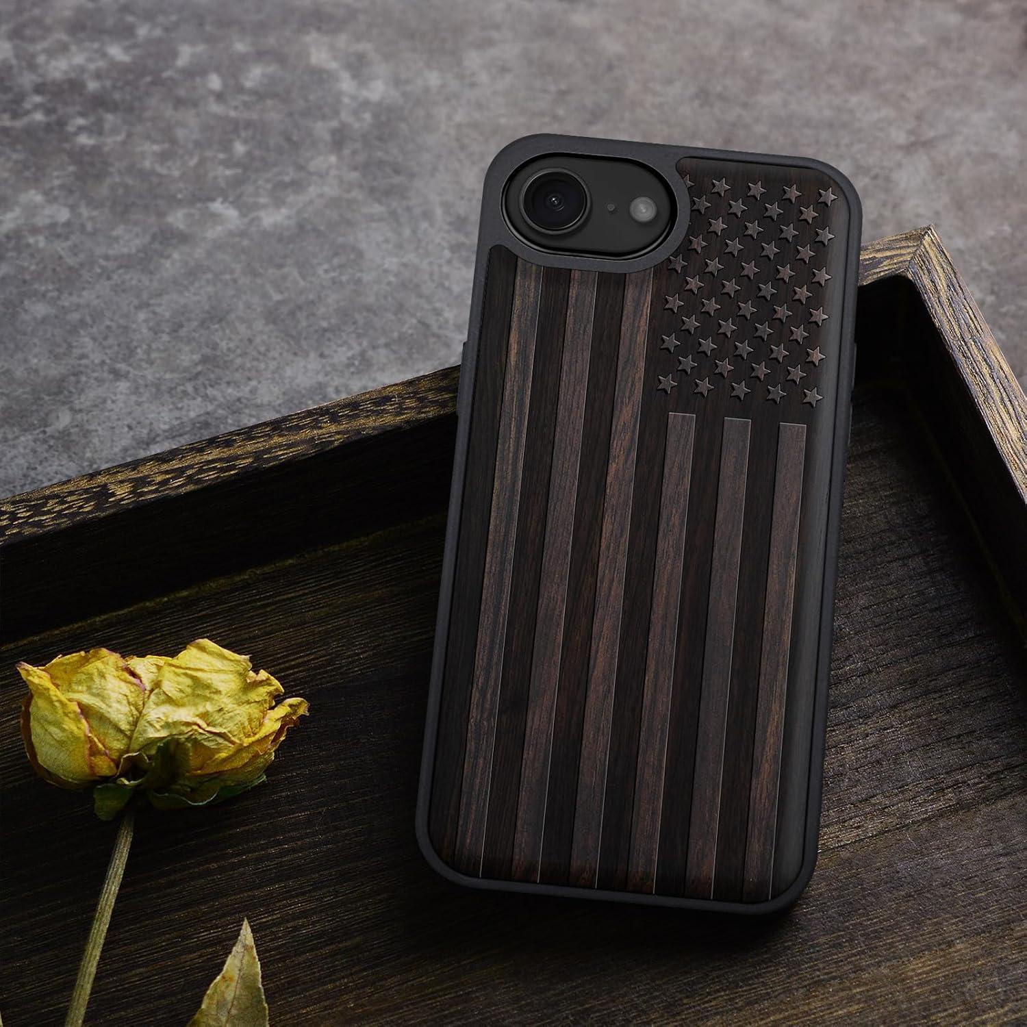 Funda de Madera Magnética Carveit para iPhone 16e 2025 - Bandera Americana