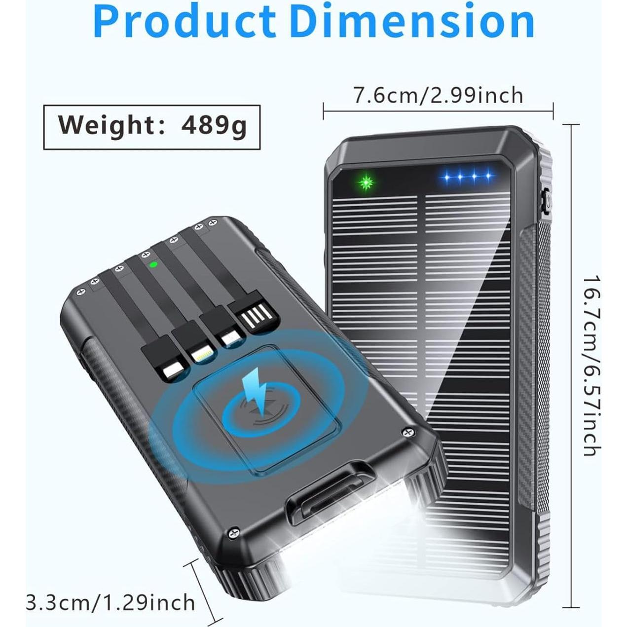 Banco de Energía Solar 33800mAh Carga Rápida 22.5W Negro