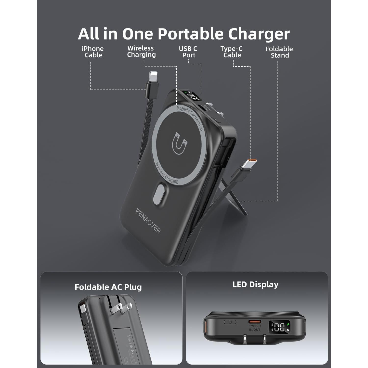 Banco de Poder Magnético 10000mAh Carga Inalámbrica 22.5W