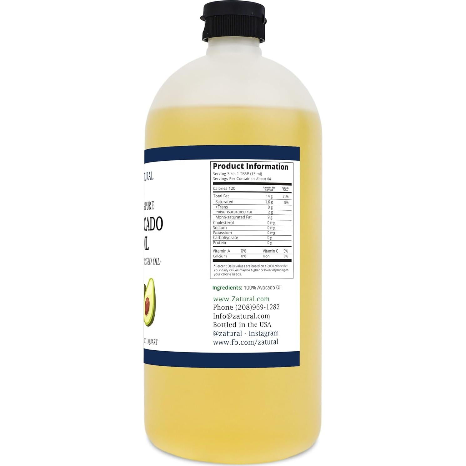 Aceite de Aguacate Zatural 100% Puro 907g Prensado en Frío