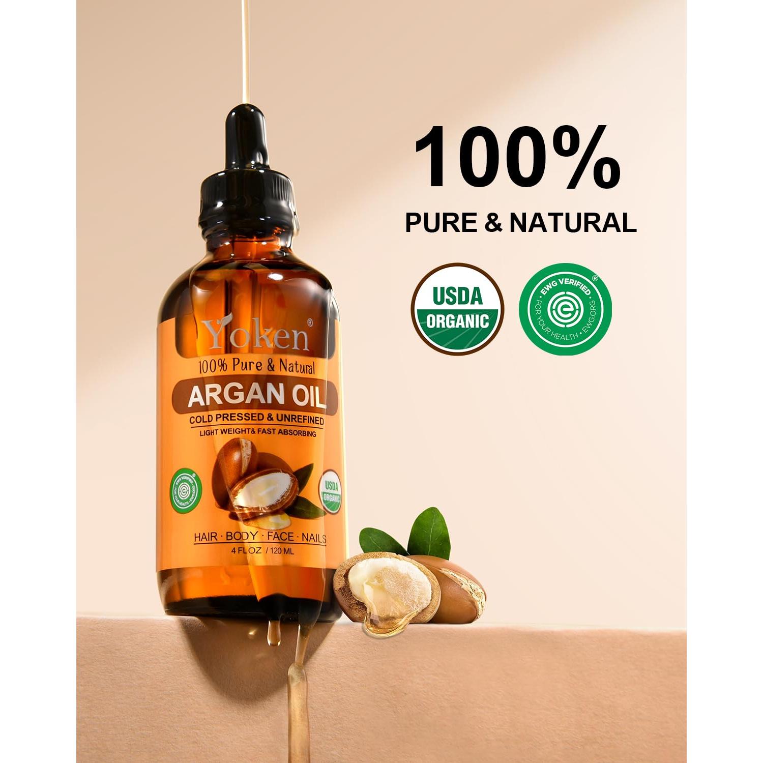 Organic Argan Oil for Hair 4 Fl Oz, USDA Pure and Natural Morocco Argan Oil, Argon Oil For Hair, Scalp, Face & Skin Care, 100% Cold Pressed Hair Conditioner, Unrefined Argon Nails Carrier Oil