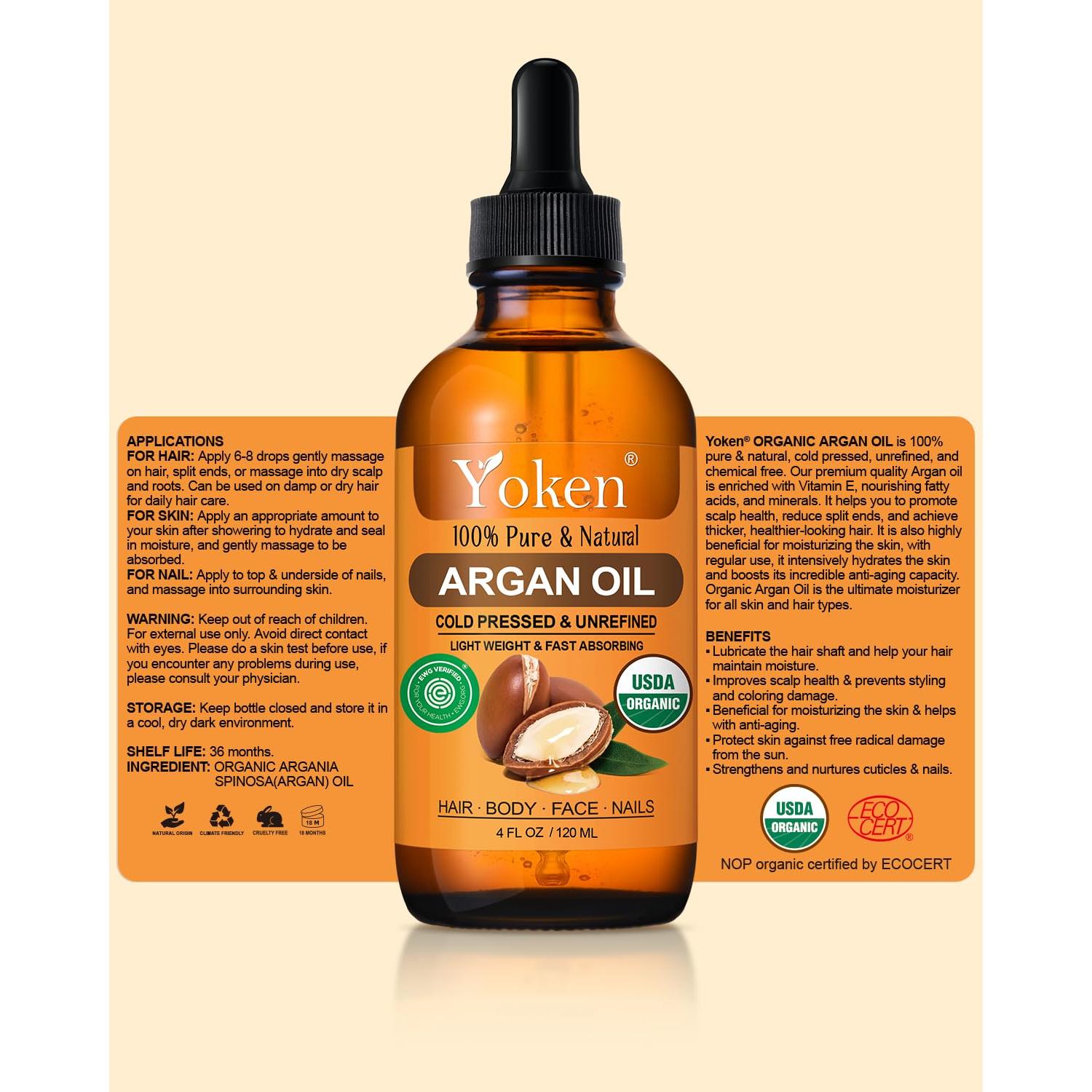 Organic Argan Oil for Hair 4 Fl Oz, USDA Pure and Natural Morocco Argan Oil, Argon Oil For Hair, Scalp, Face & Skin Care, 100% Cold Pressed Hair Conditioner, Unrefined Argon Nails Carrier Oil