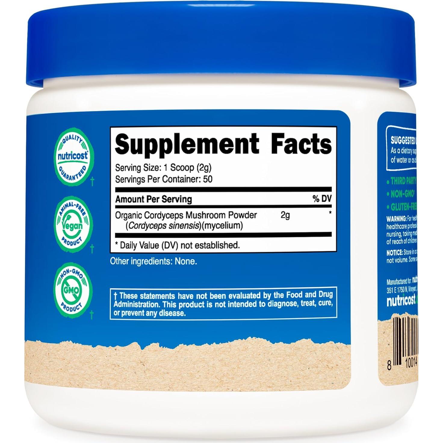 Polvo de Cordyceps Orgánico Nutricost 100g - Certificado USDA