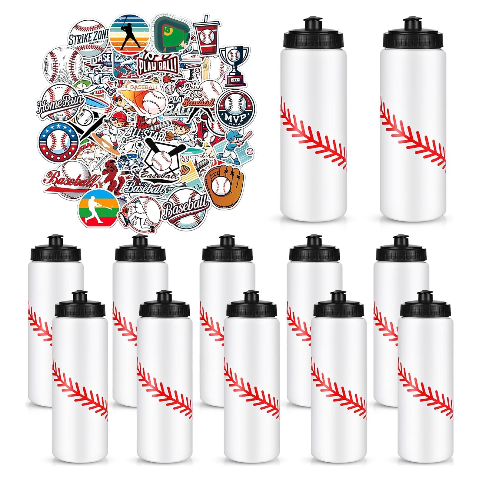 12 Pack Baseball Water Bottle Bulk with 300 PCS Stickers 20 oz Reusable BPA-Free Water Bottles for Boys Sports Squeeze Bottles Baseball Party Favors Gifts For Team