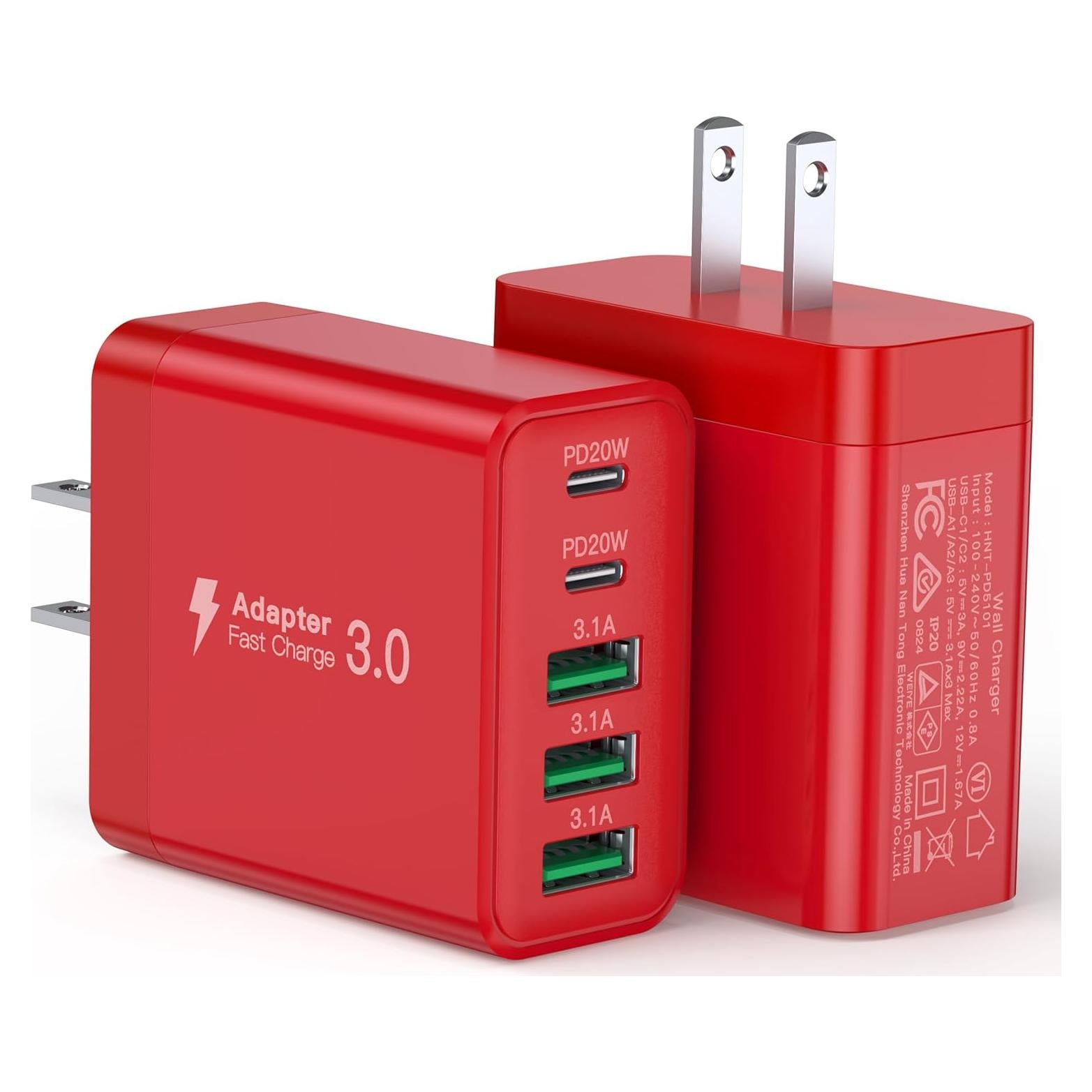 Cargador USB C 50W 5 Puertos BOVICAS Rojo Carga Rápida