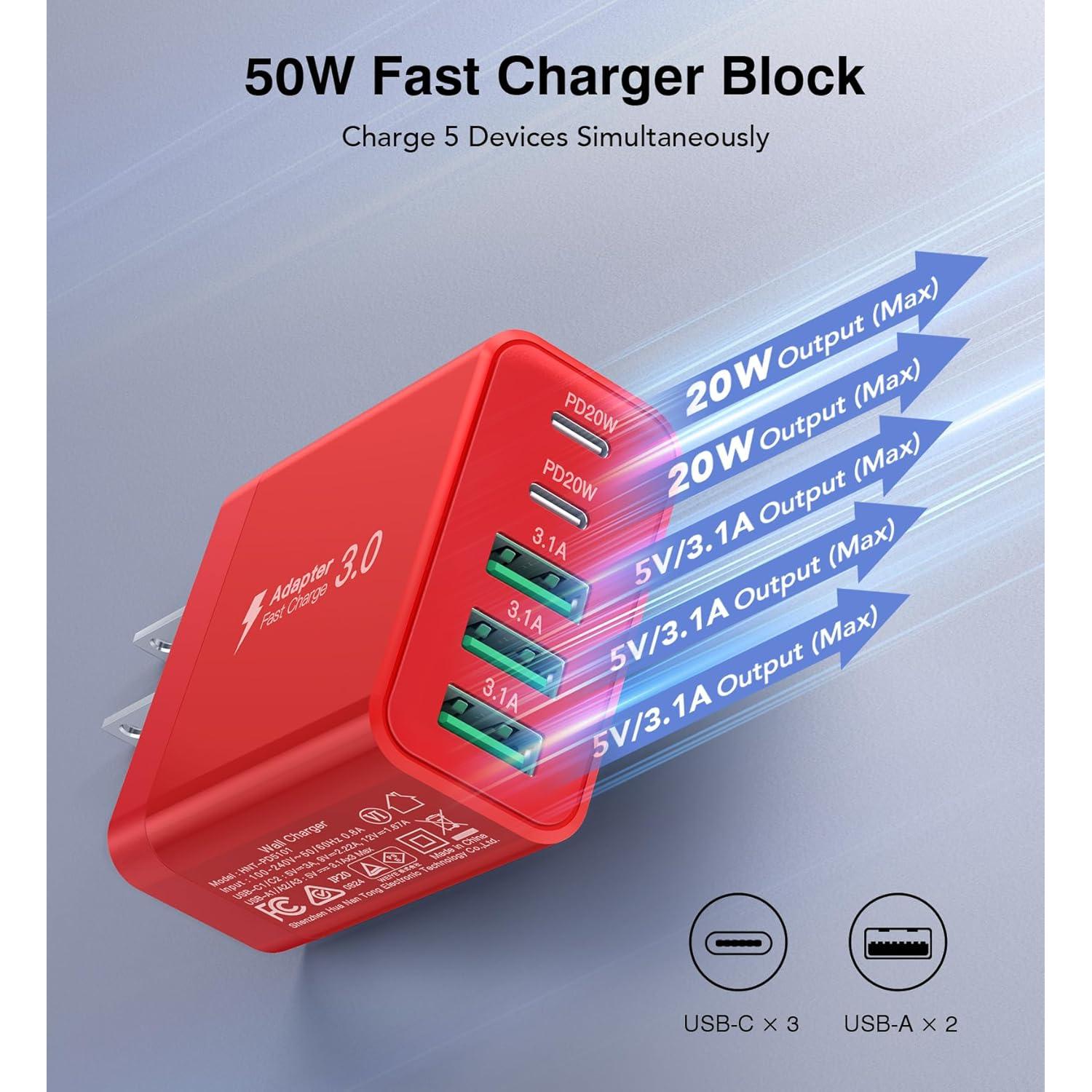 Cargador USB C 50W 5 Puertos BOVICAS Rojo Carga Rápida