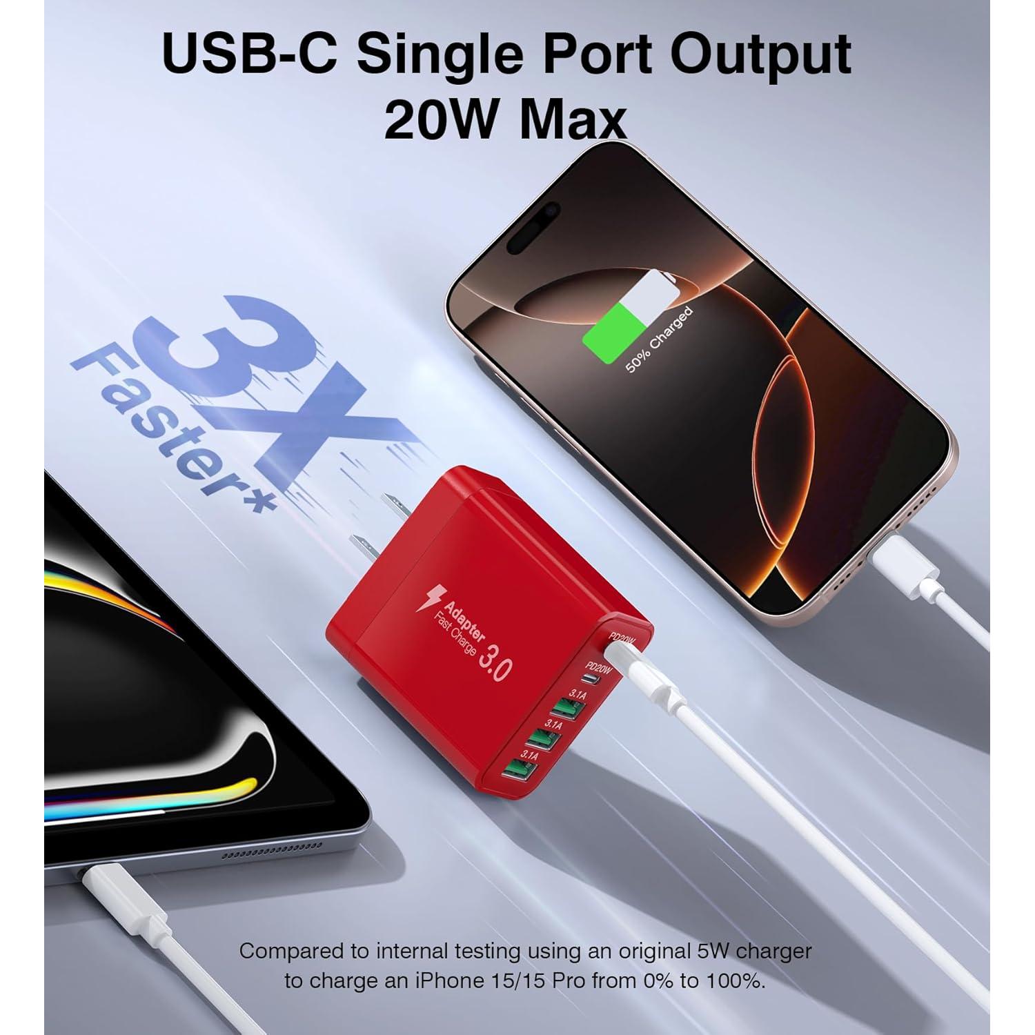 Cargador USB C 50W 5 Puertos BOVICAS Rojo Carga Rápida
