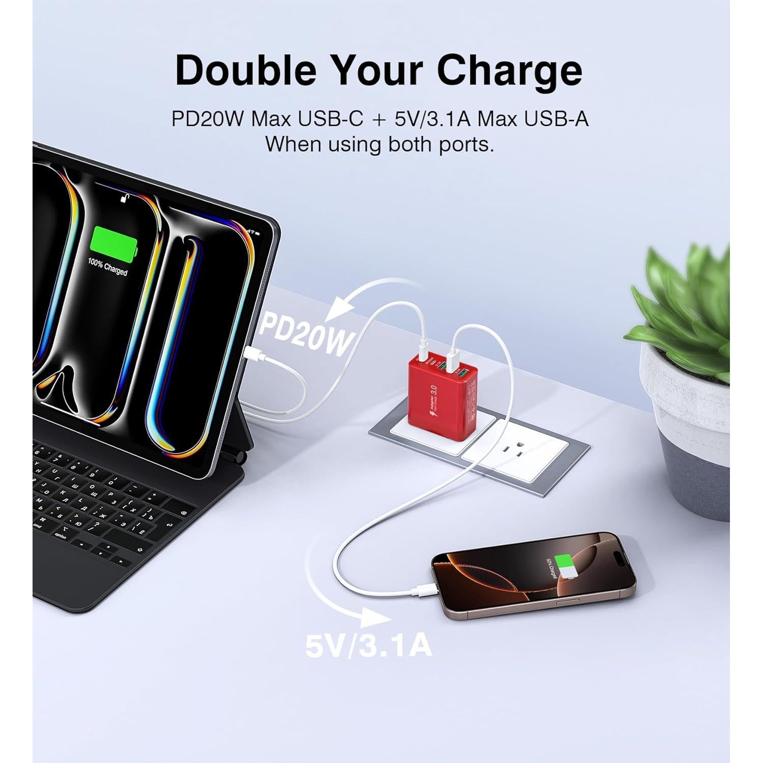 Cargador USB C 50W 5 Puertos BOVICAS Rojo Carga Rápida