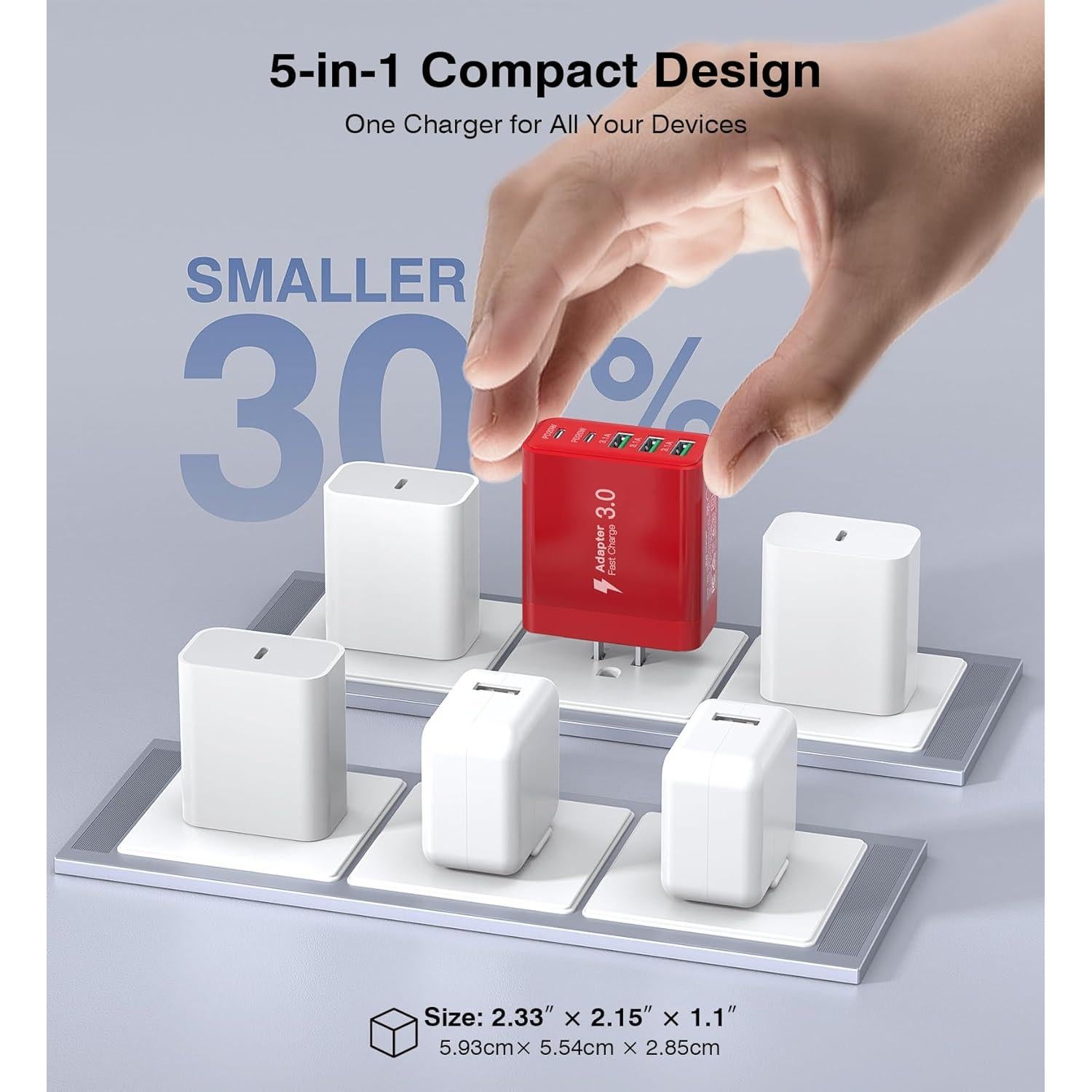 Cargador USB C 50W 5 Puertos BOVICAS Rojo Carga Rápida